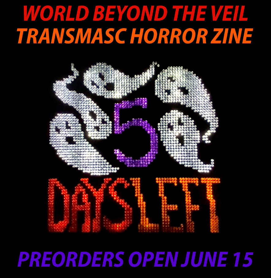 Photo of a lite brite displaying 5 ghosts and the text "5 days left". Digital text added around the image reads: "World Beyond the Veil transmasc horror zine, preorders open june 15"