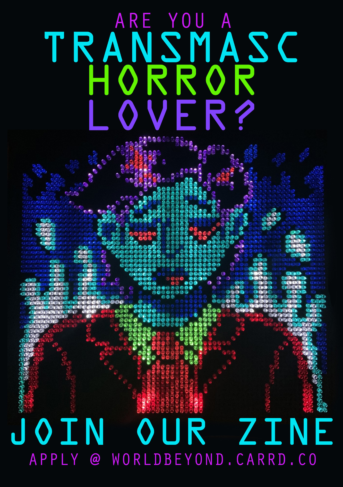 Photo of a large lite brite depicting a pixel art style image of a ghostly victorian man with teal skin and dark hair. Ghostly light is coming off of him in blue wisps. Text reads: "Are you a transmasc horror lover? Join our zine. Apply @ WorldBeyond.carrd.co"