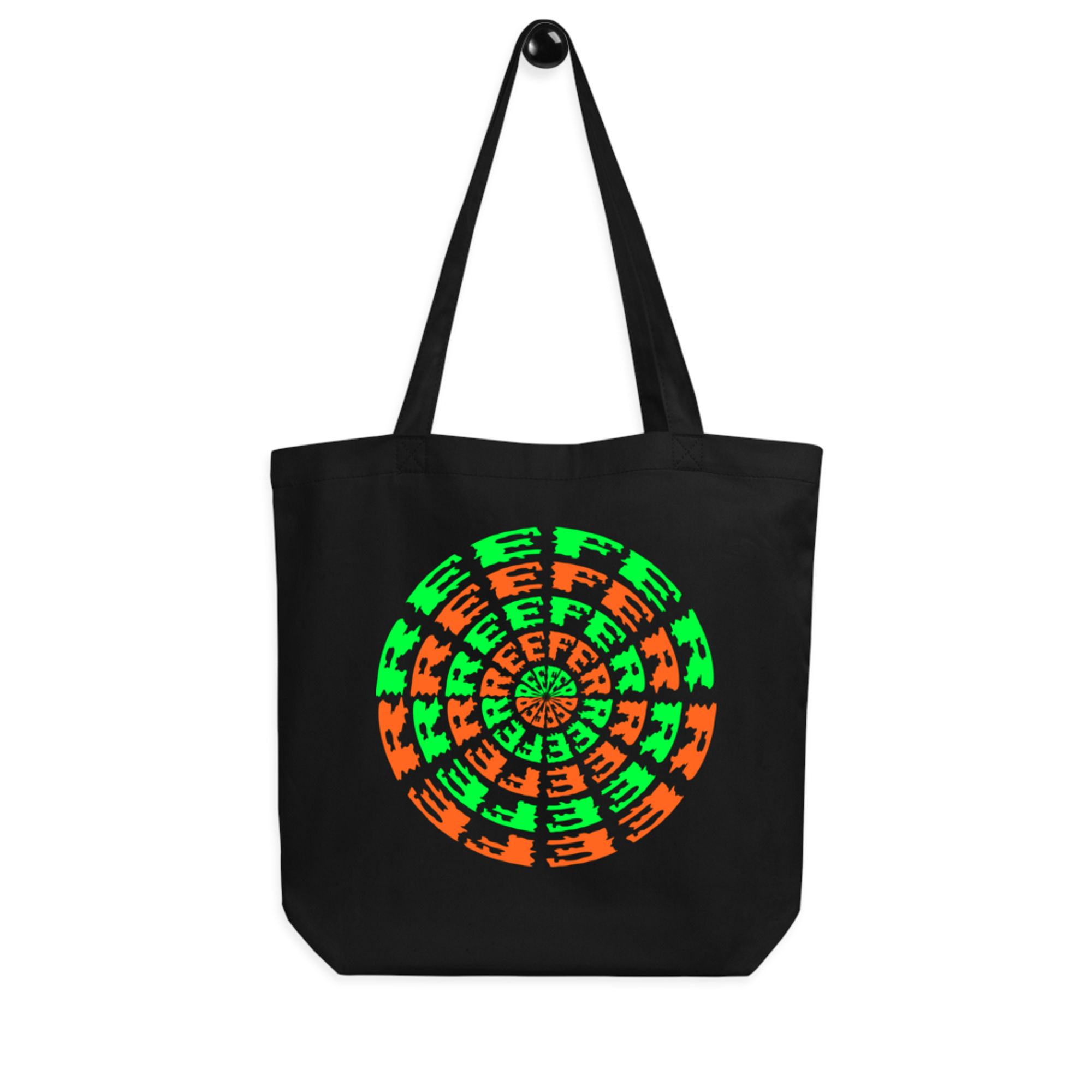 A black tote bag with a bright green and orange spiral design made from the word "REEFER" in creepy dripping font.