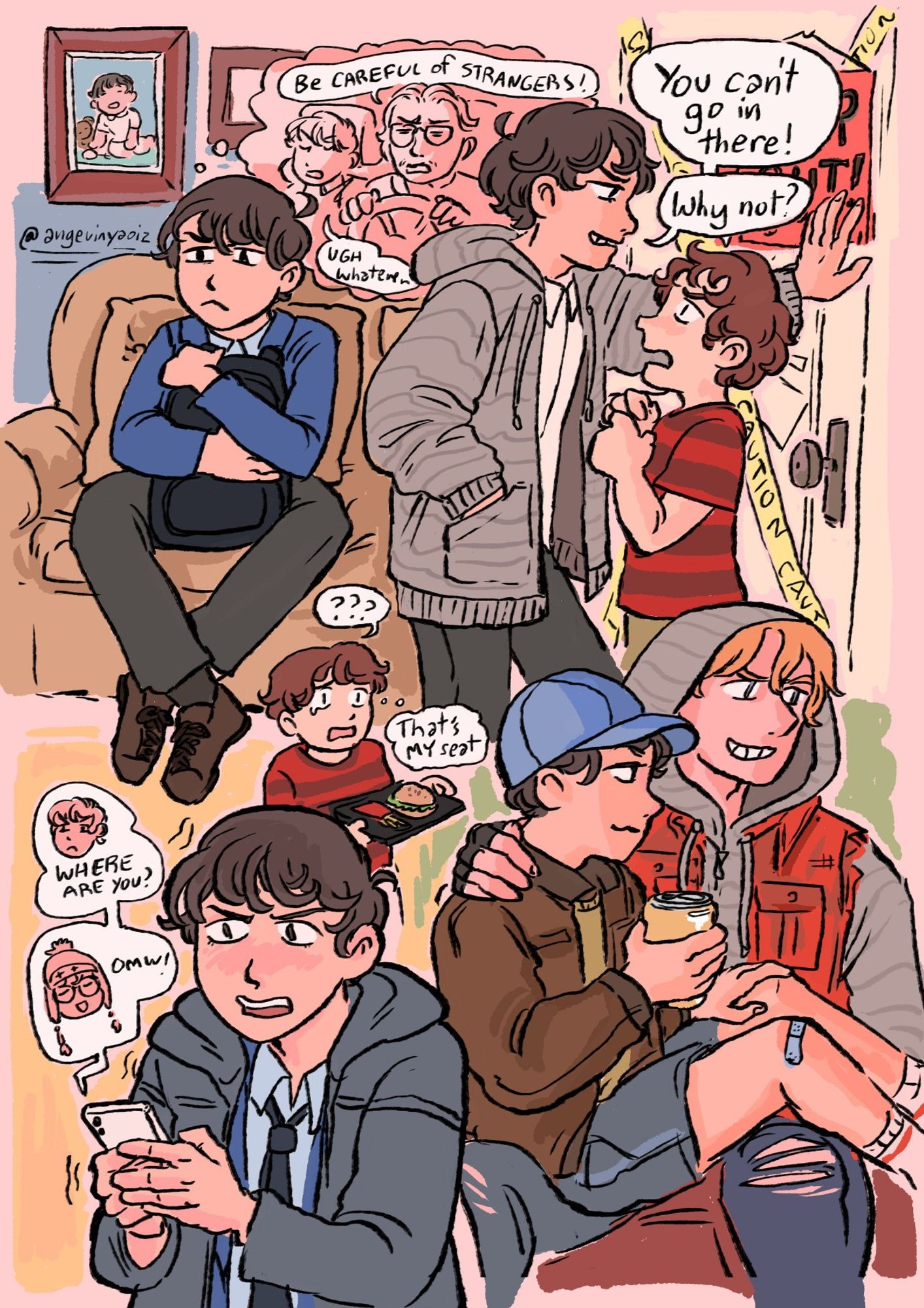 Philip Capet doodle page where he's sitting on the couch thinking about stranger danger, kabedon-ing John, sitting on Richard's lap, texting Geoffrey angrily, etc