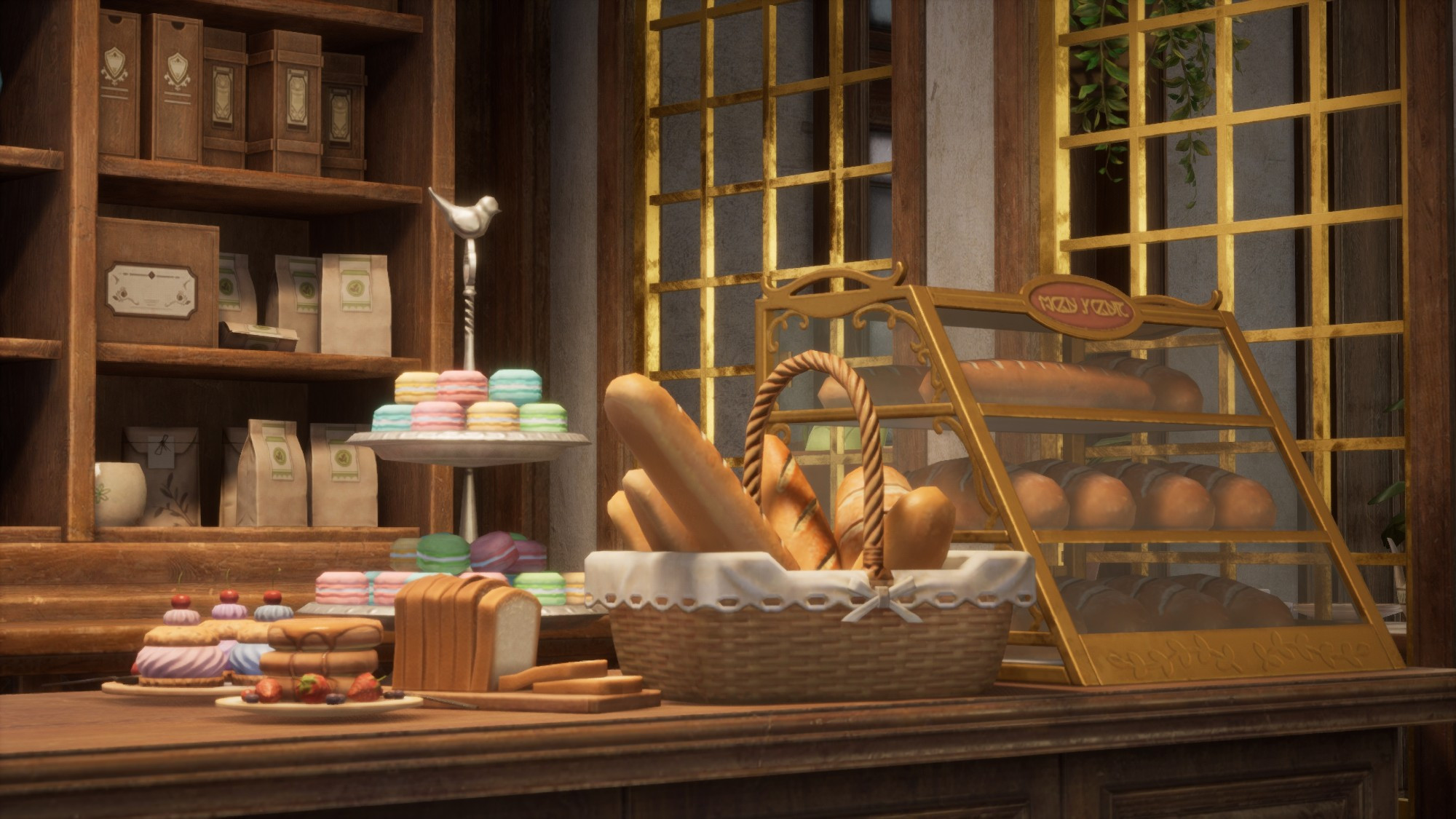 Infinity Nikki screenshot. Diner runner table filled with baguette bread, macaroons, bread, pastries and more.