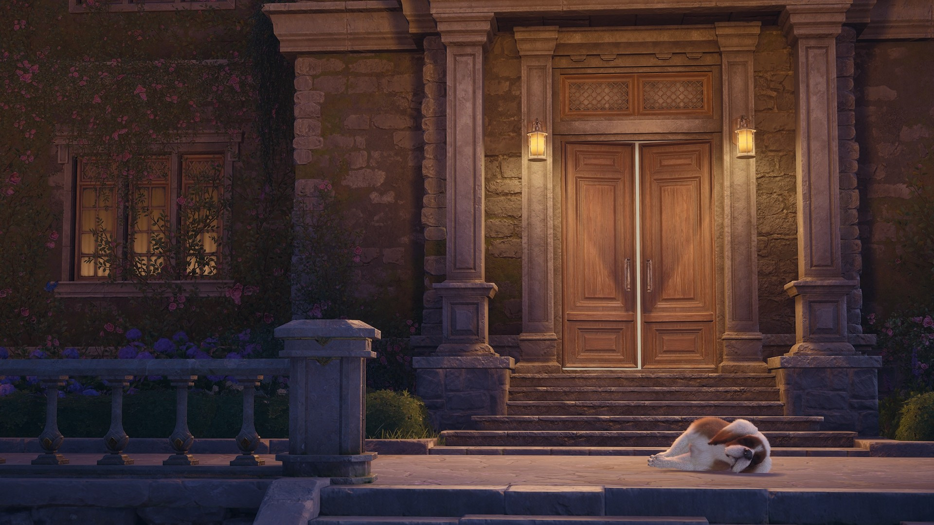 Infinity Nikki screenshot. Outside the Dye Workshop main building during the evening. Two warm lights illuminate each side of the front door, beneath the steps of which a dog sleeps. A stone fence running off to the left.