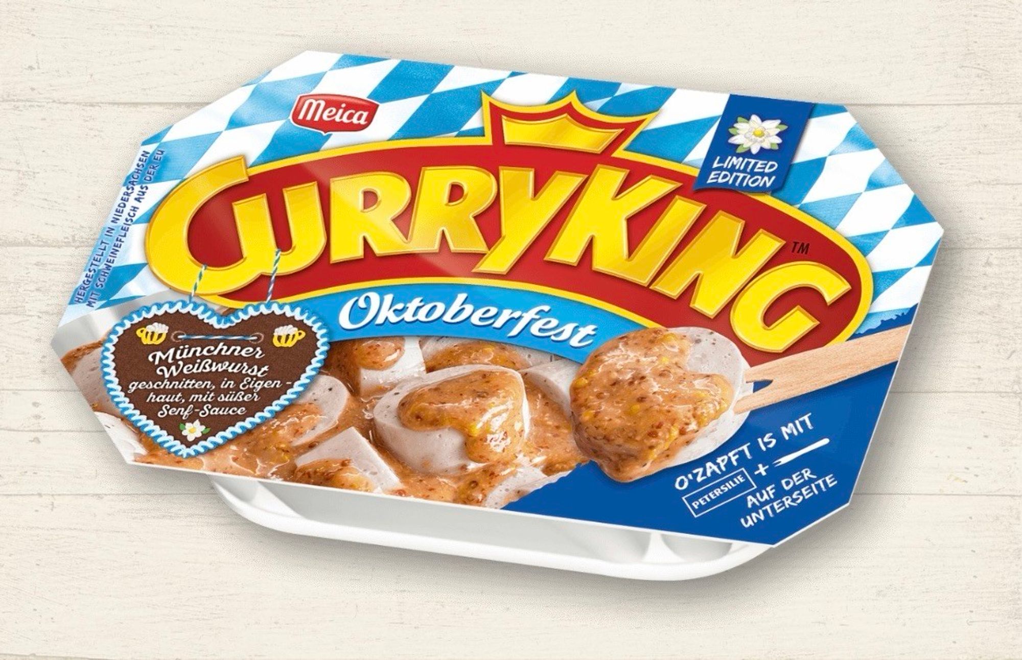 Produktfoto (Verpackung in Form einer Currywurstschale)

Meica CurryKing Oktoberfest
Münchener Weißwurst, geschnitten, in Eigenhaut, mit süßer Senf-Sauce
Holzpiekser und ein Beutelchen Petersilie sind an der Packungsunterseite angebracht.