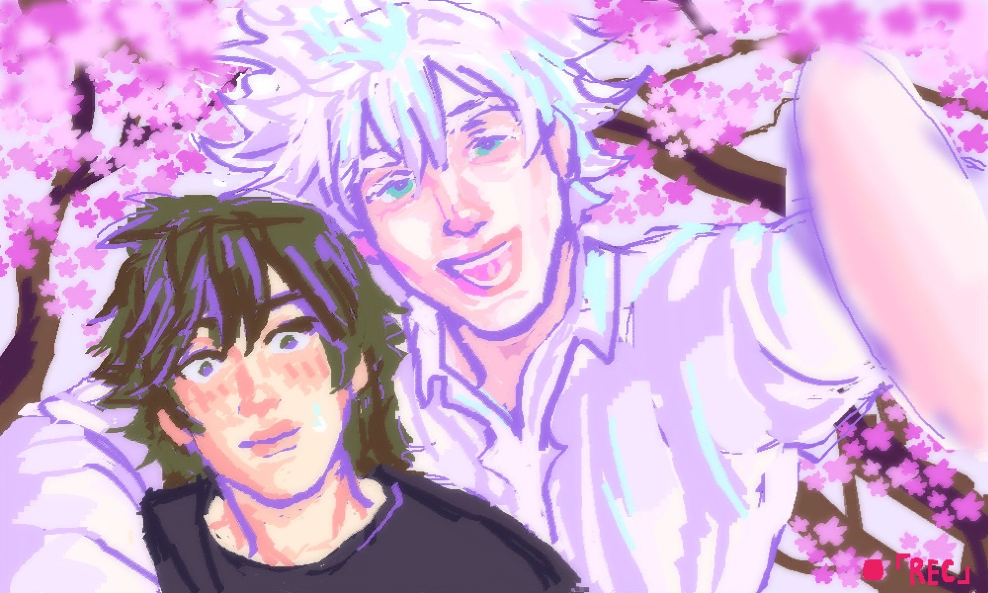 A drawing of two guys taking a selfie underneath cherry blossom trees.