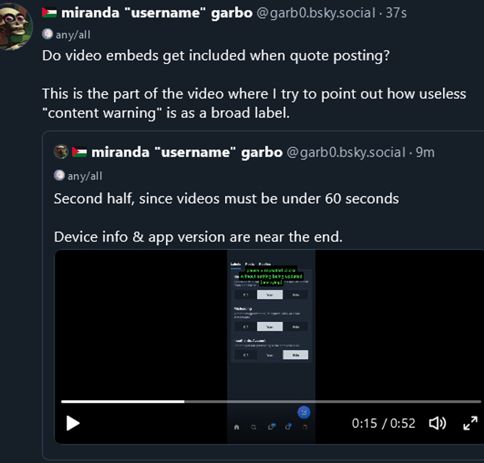 screenshot of above quote post with video showing