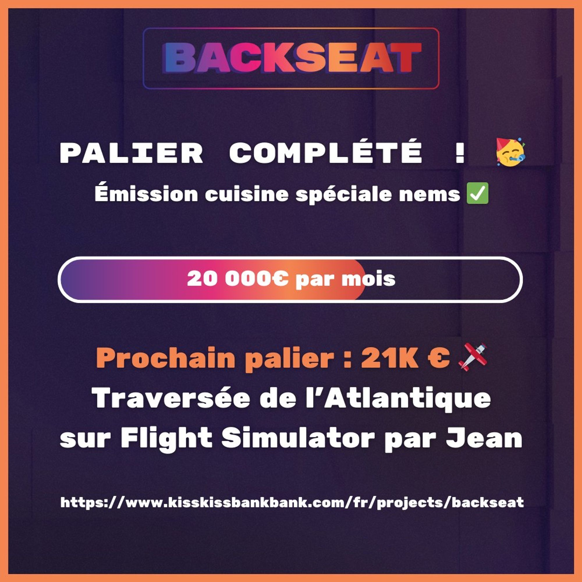 20k € atteints ! Prochain palier : Jean fait la traversée de l’Atlantique sur Flight Simulator