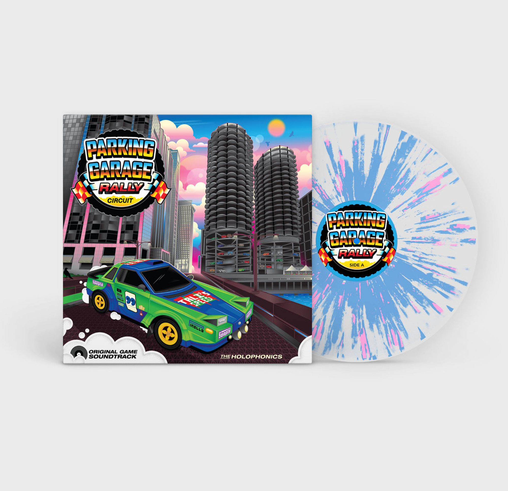 12 inch vinyl for Parking Garage Rally Circuit soundtrack by The Holophonics in "Cloudly Clear with Pink and Blue Splatter" colorway.