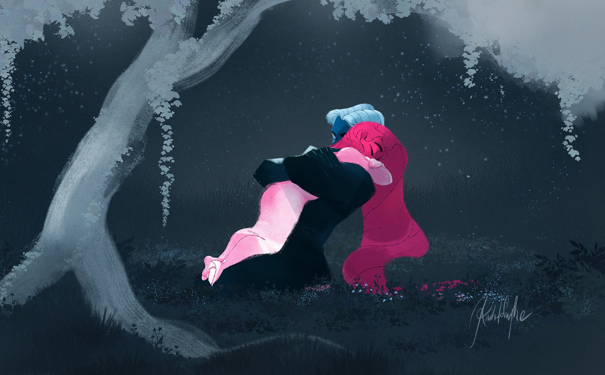 Hades embraces Persephone under a tree.