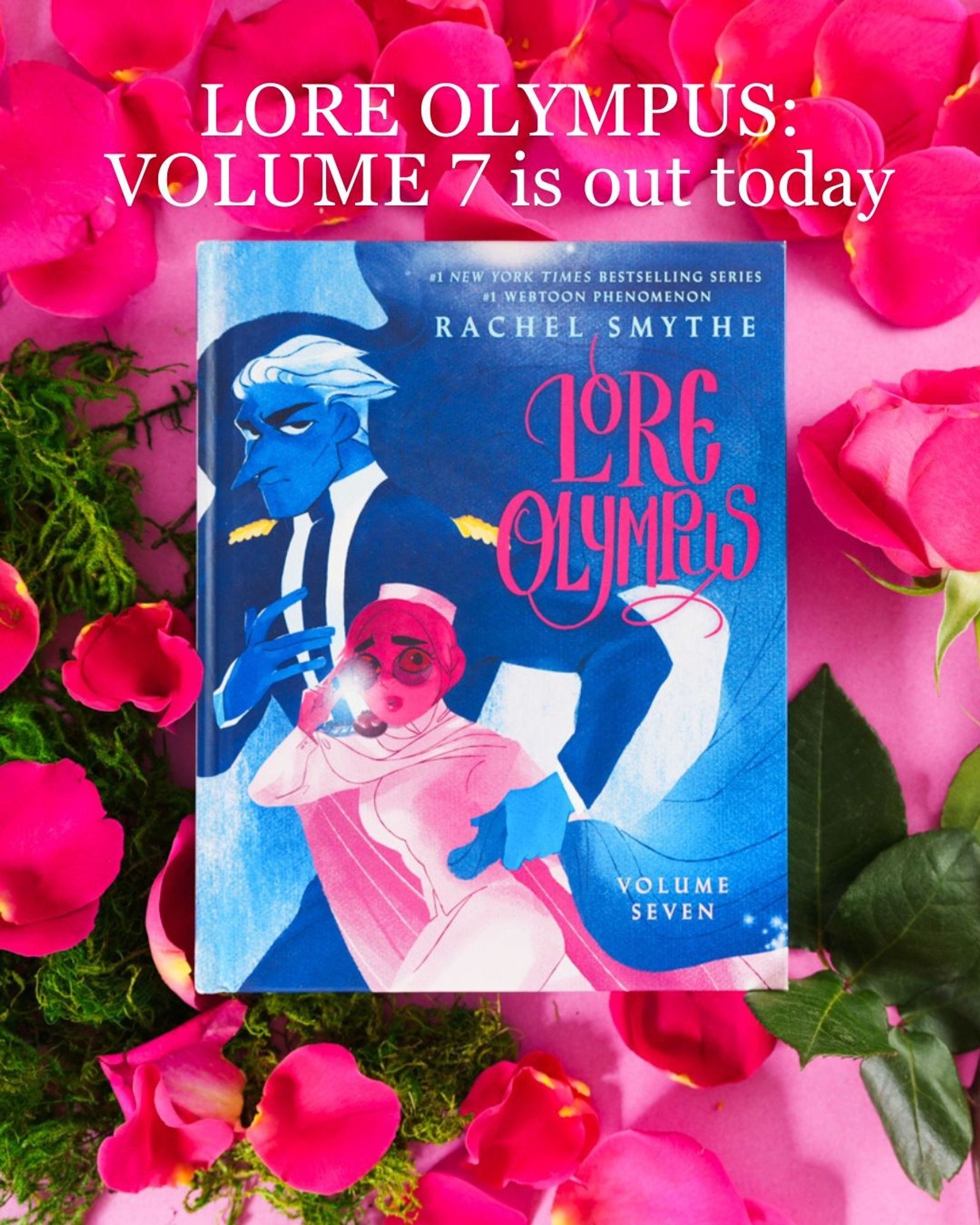 Lore Olympus volume 7 (hardback) surrounded by petals.