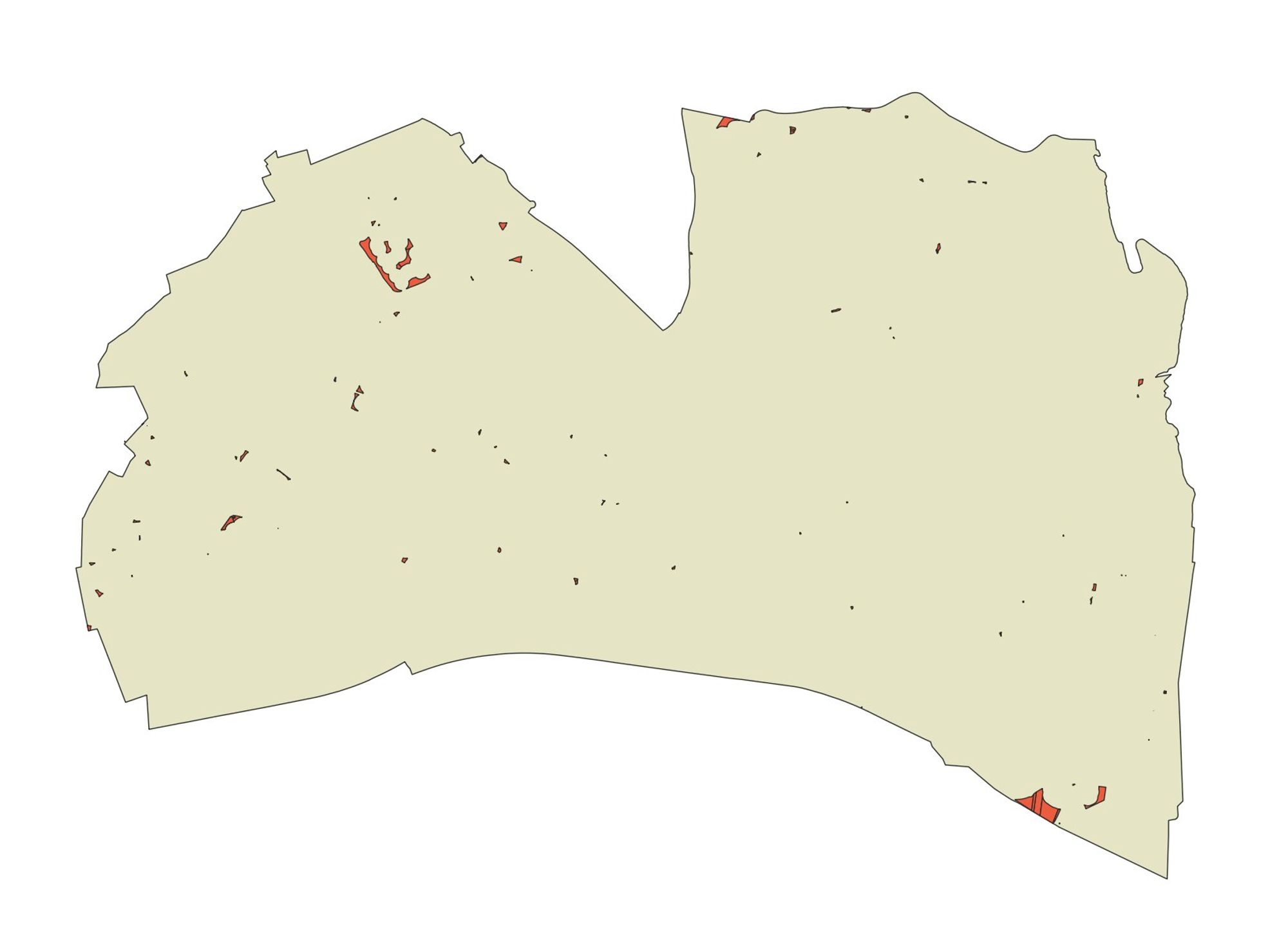 A map of Alexandria Virginia with a very small number of red blobs marking where chickens are legal.