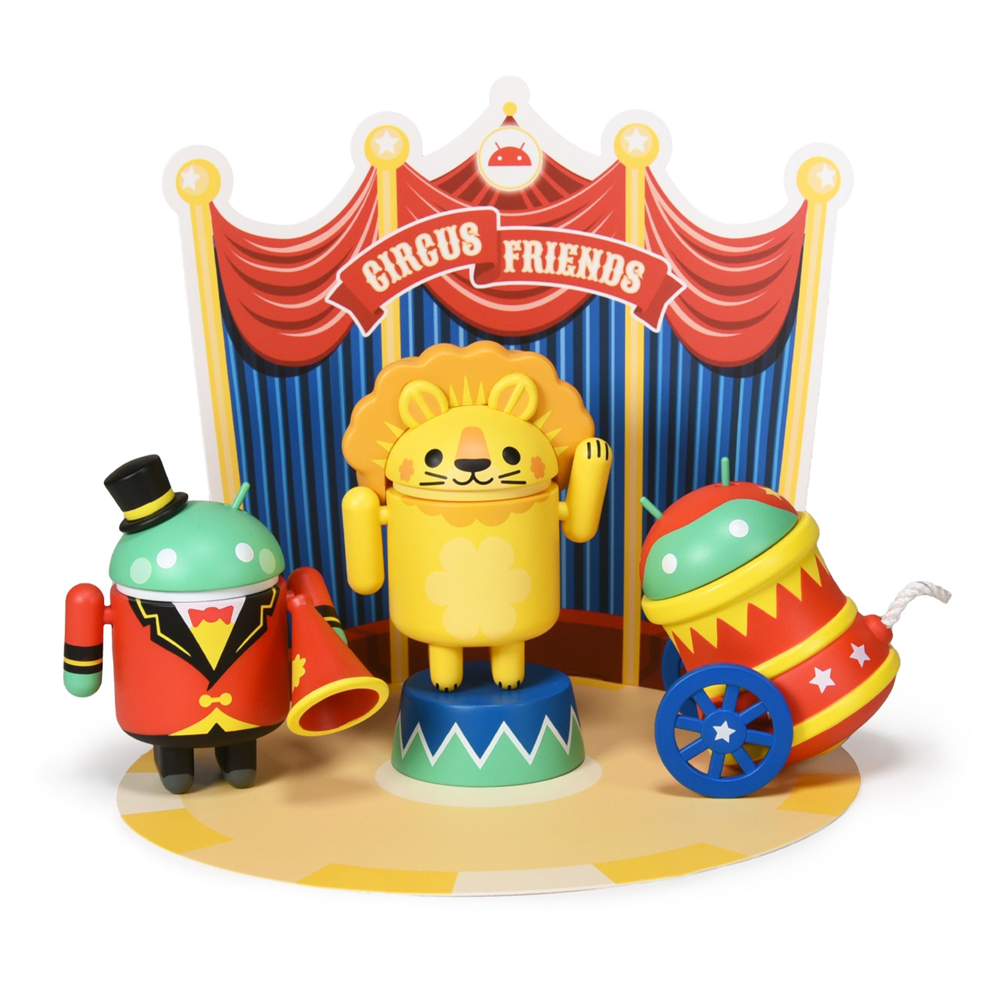 Photo of Circus Friends Android toy collectible Ring Leader, Dancing Lion and Daredevil, on ring and big top backdrop.