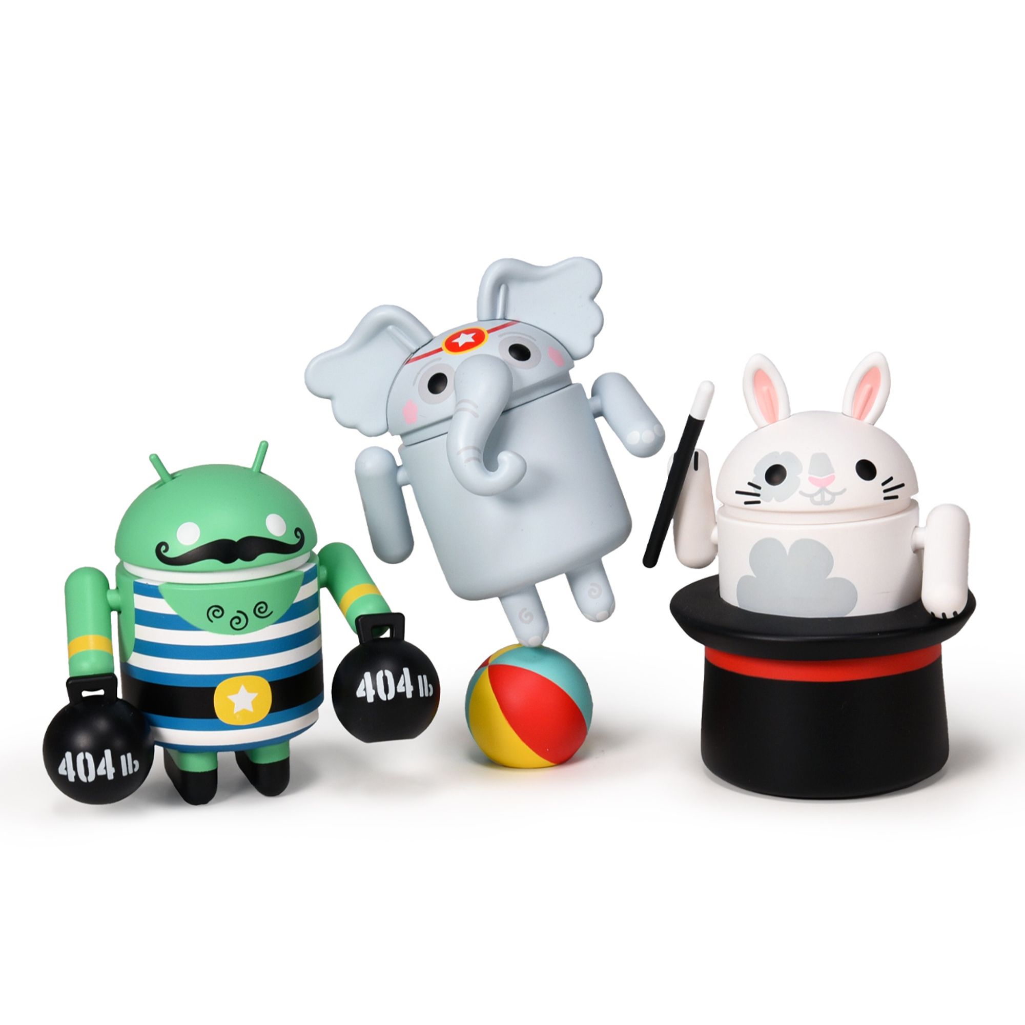 Photo of Circus Friends Android toy collectible Strongman, Balancing Elephant and Magic rabbit on white background.