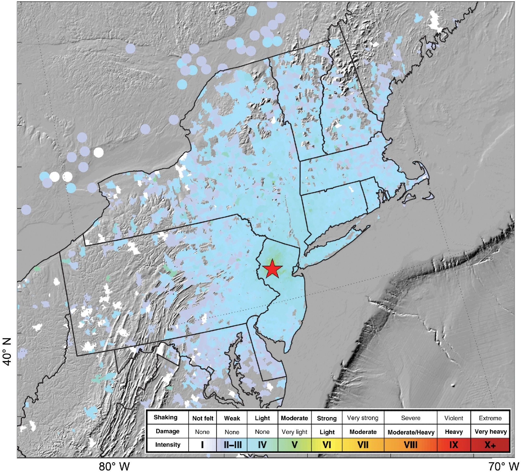 This grayscale hillshade of New England, Canada, and the offshore coastal region shows the distribution of “Did You Feel It?” responses aggregated by zip code and city geolocation. Intensity scale produced by the U.S. Geological Survey. Epicenter marked by red star. Many intensity reports are IV to V on the MMI scale. Credit: Boyd et al., 2024