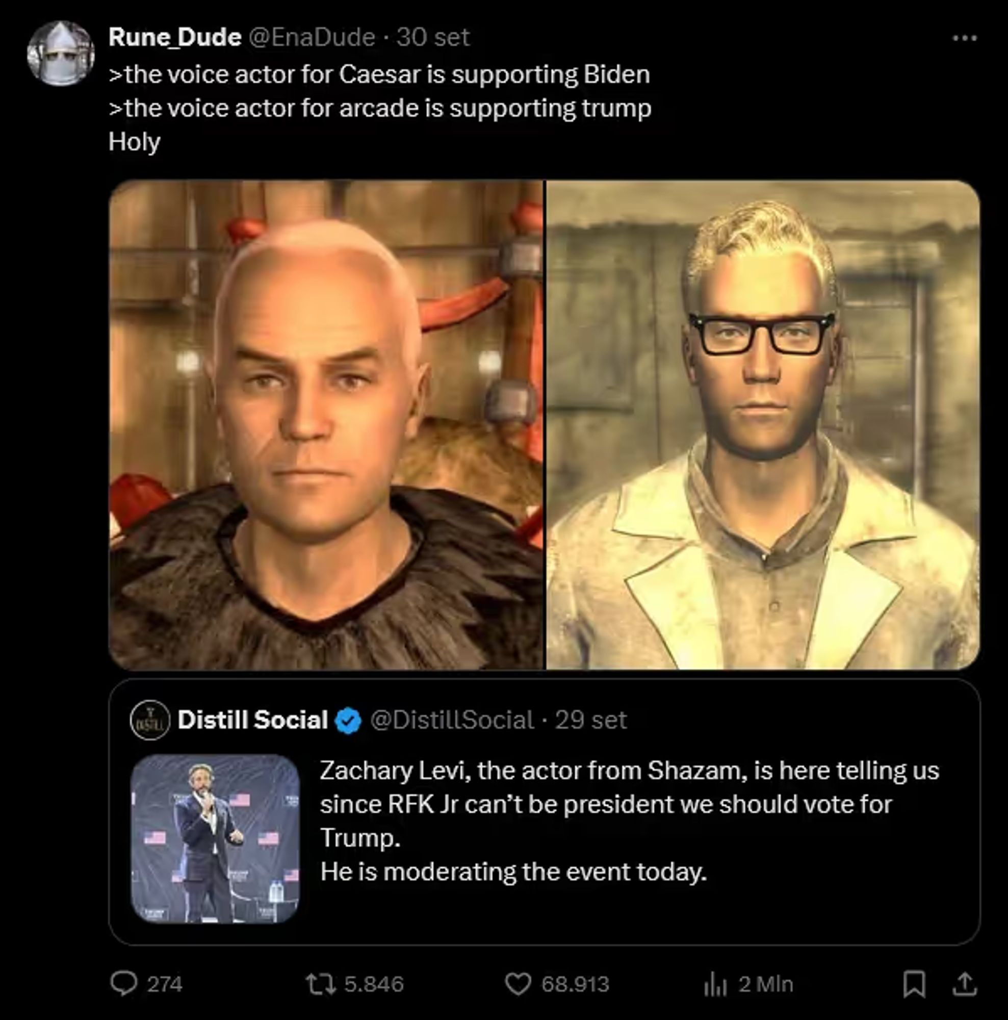 screenshot of a tweet. picture of caesar and arcade. "The voice actor of Caesar is supporting biden" "The voice actor for Arcade is supporting trump"