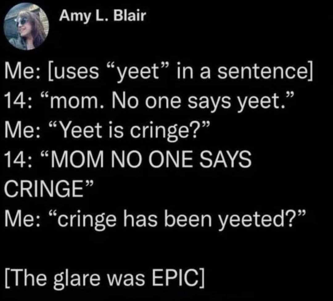 Amy L. Blair
Me: [uses "yeet" in a sentencel
14: "mom. No one says yeet."
Me: "Yeet is cringe?"
14: "MOM NO ONE SAYS
CRINGE"
Me: "cringe has been yeeted?"
[The glare was EPIC]