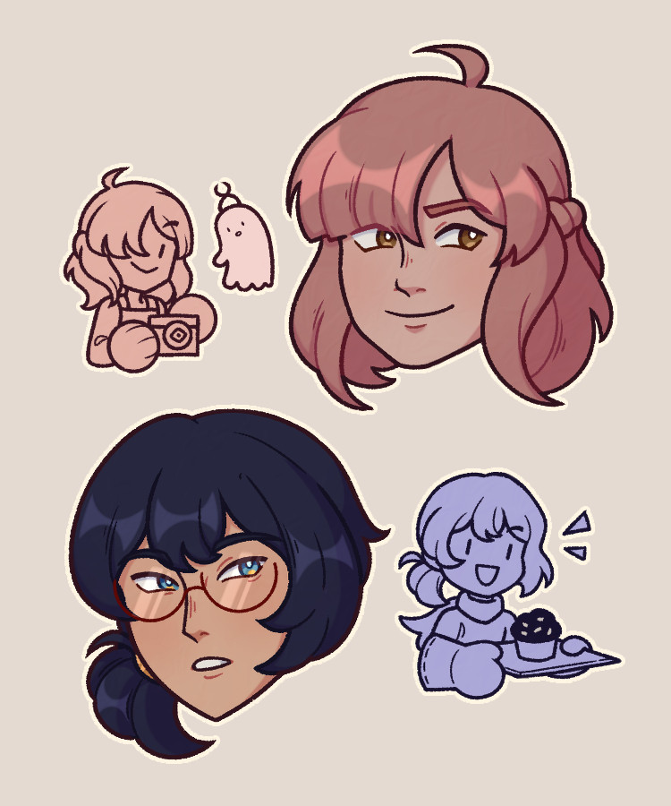 Lunede with a chibi of her and a ghost, Elis with a chibi of them and some dubious baked good