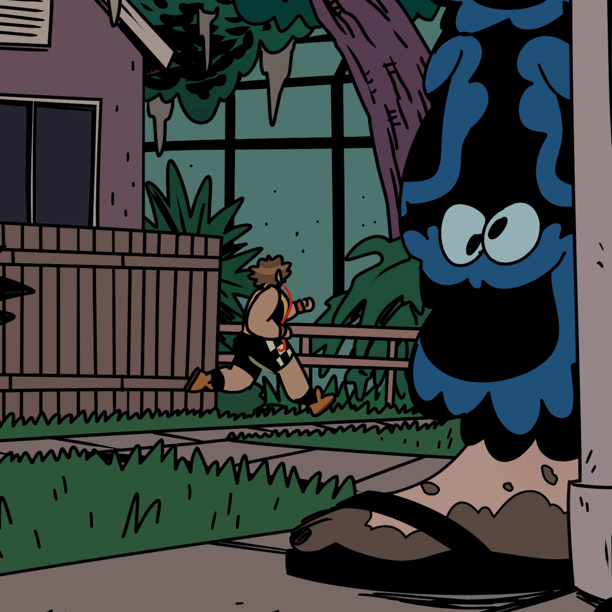 Crop of a panel from Hole showing Nat's leg in the extreme foreground, highlighting the mud smeared all over her feet and her Cookie Monster pajamas. In the background we see Jane jogging away with headphones in on a sidewalk behind some suburban houses.