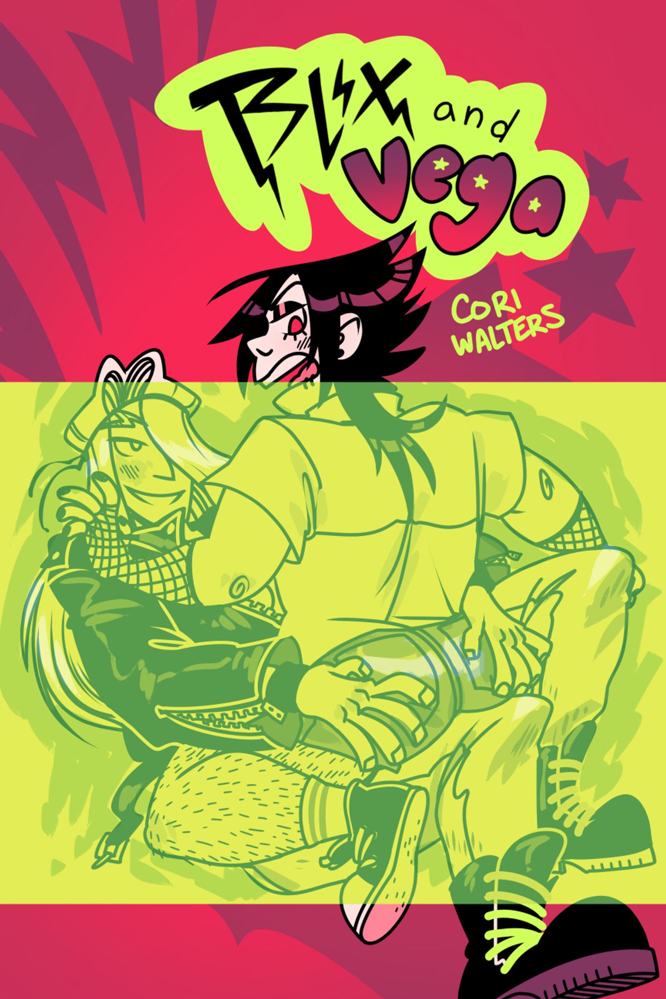 Blix (long-haired blonde metalhead in boots and a leather jacket) wrangles Vega (emo with a black mullet in short shorts and fishnet armsocks) onto their lap and grabs their ass while Vega looks offended. All of the clothes are contained with a lime green band over an otherwise hot pink cover, implying that maybe some day we'll see a version without the clothing on it....