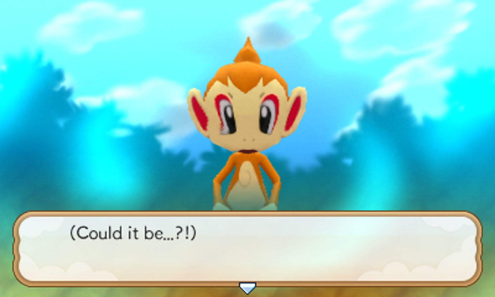 A screenshot of Pokemon Super Mystery Dungeon, of a Chimchar staring into the water. A textbox says (Could it be...?!)