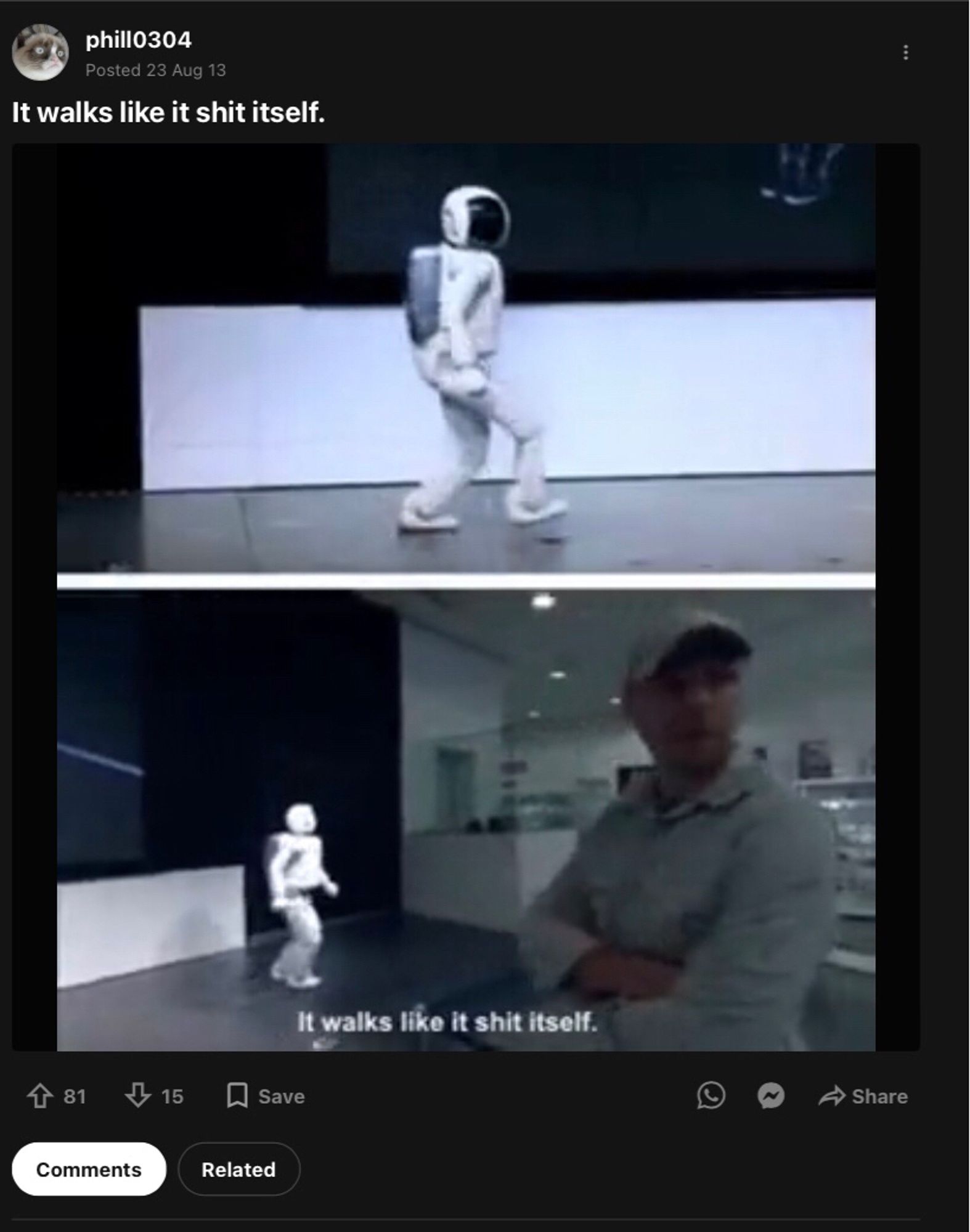 Karl Pilkington meets Asimo, the Japanese biped robot from long ago.