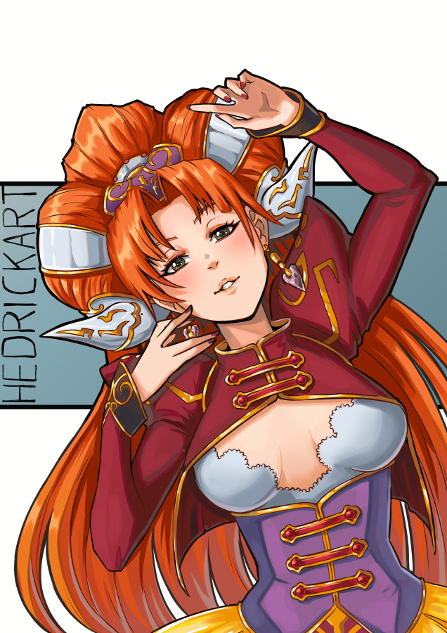 Milena, with long orange hairs, horned ornaments, a red vest and a purple corset, smiling at the viewer