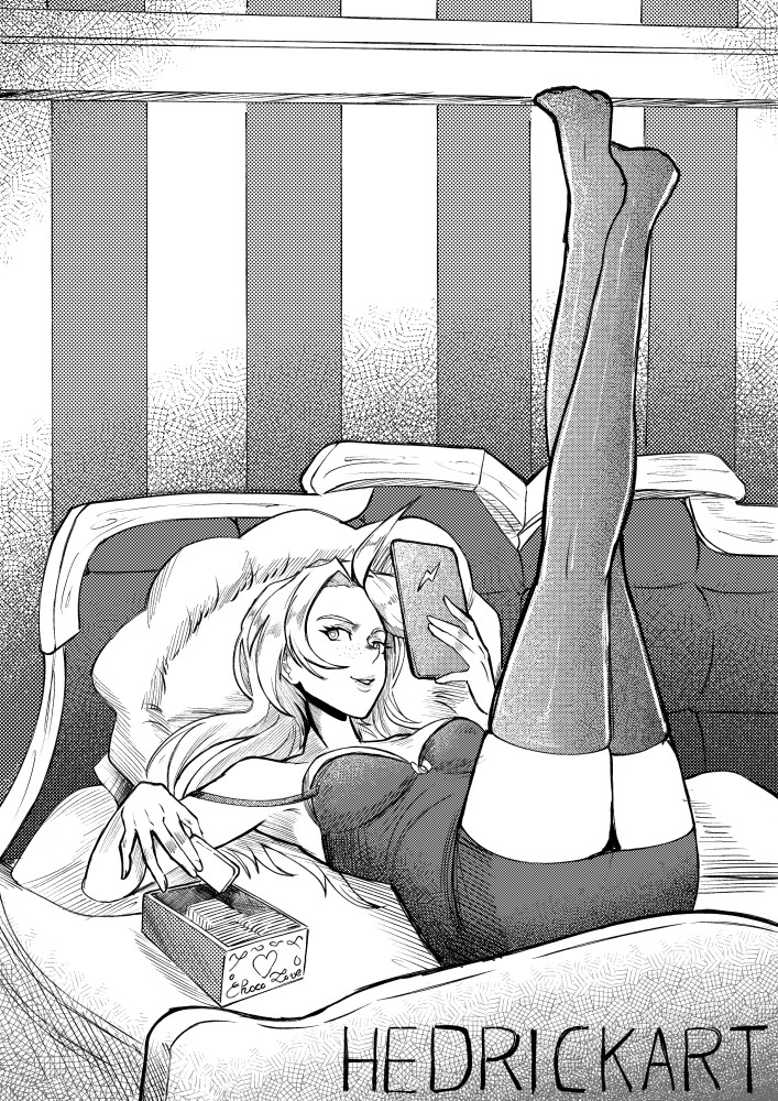 Lexie in Black and White, Holding a Tablet with a lighting symbol, eating chocolates, Leg up and crossed. She wears thights and a nightdress