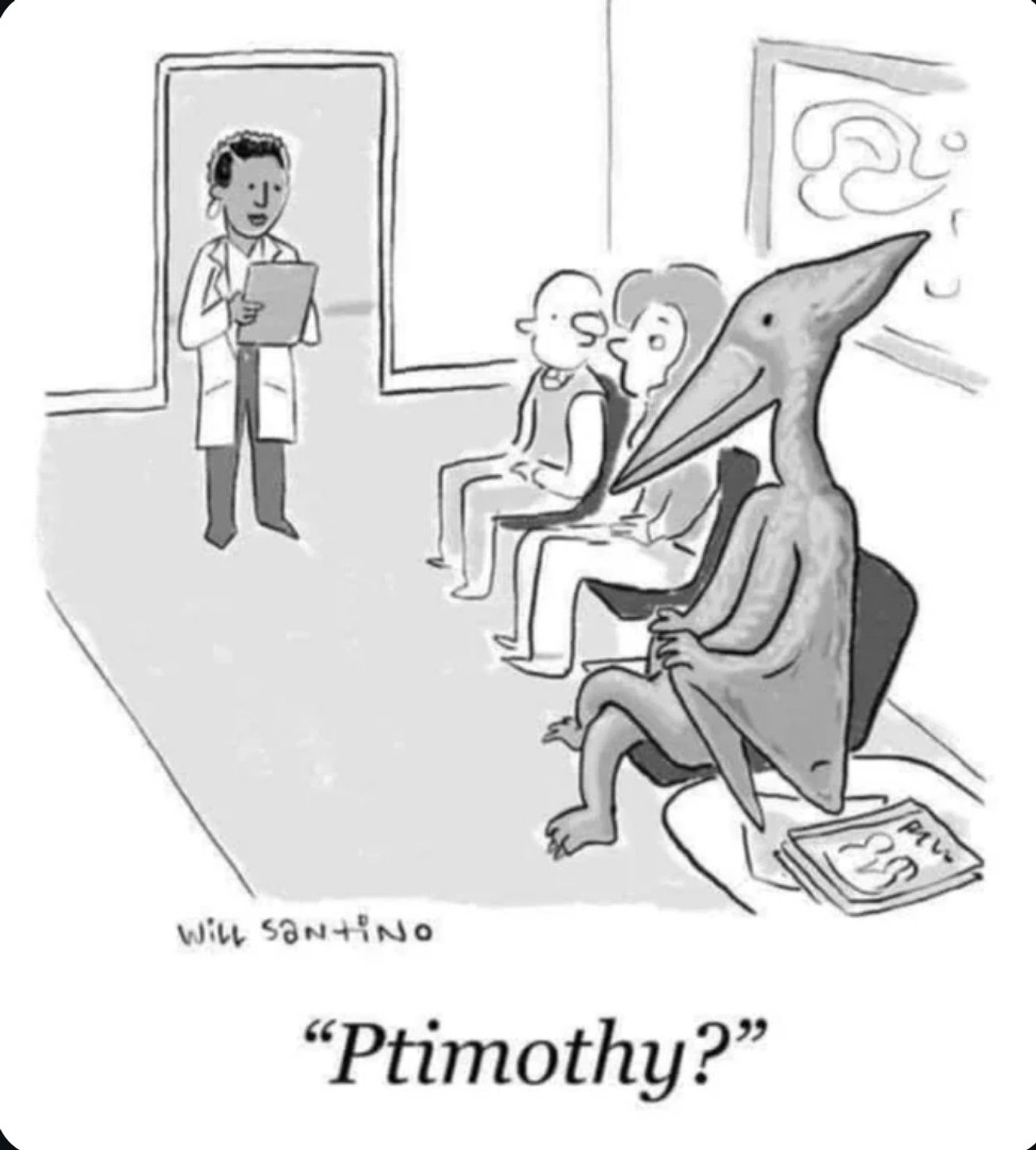 it's a cartoon depicting a doctor's waiting room. several humans are seated, and there is a pterodactyl seated as well. a doctor has come into the room holding a clipboard and the caption of th3 cartoon is "ptimothy?"