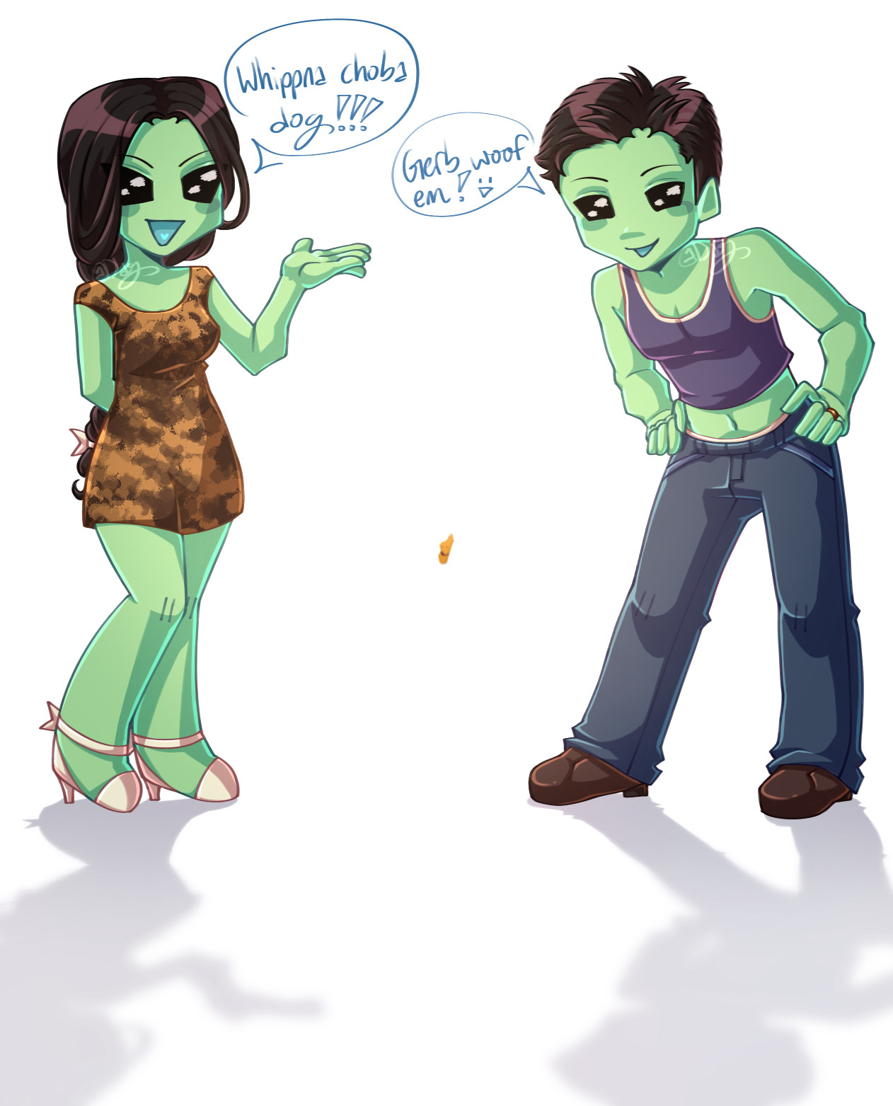 cartoonish drawing of two alien-looking sims that want to show you a very low quality cartoon version of the country of madagascar