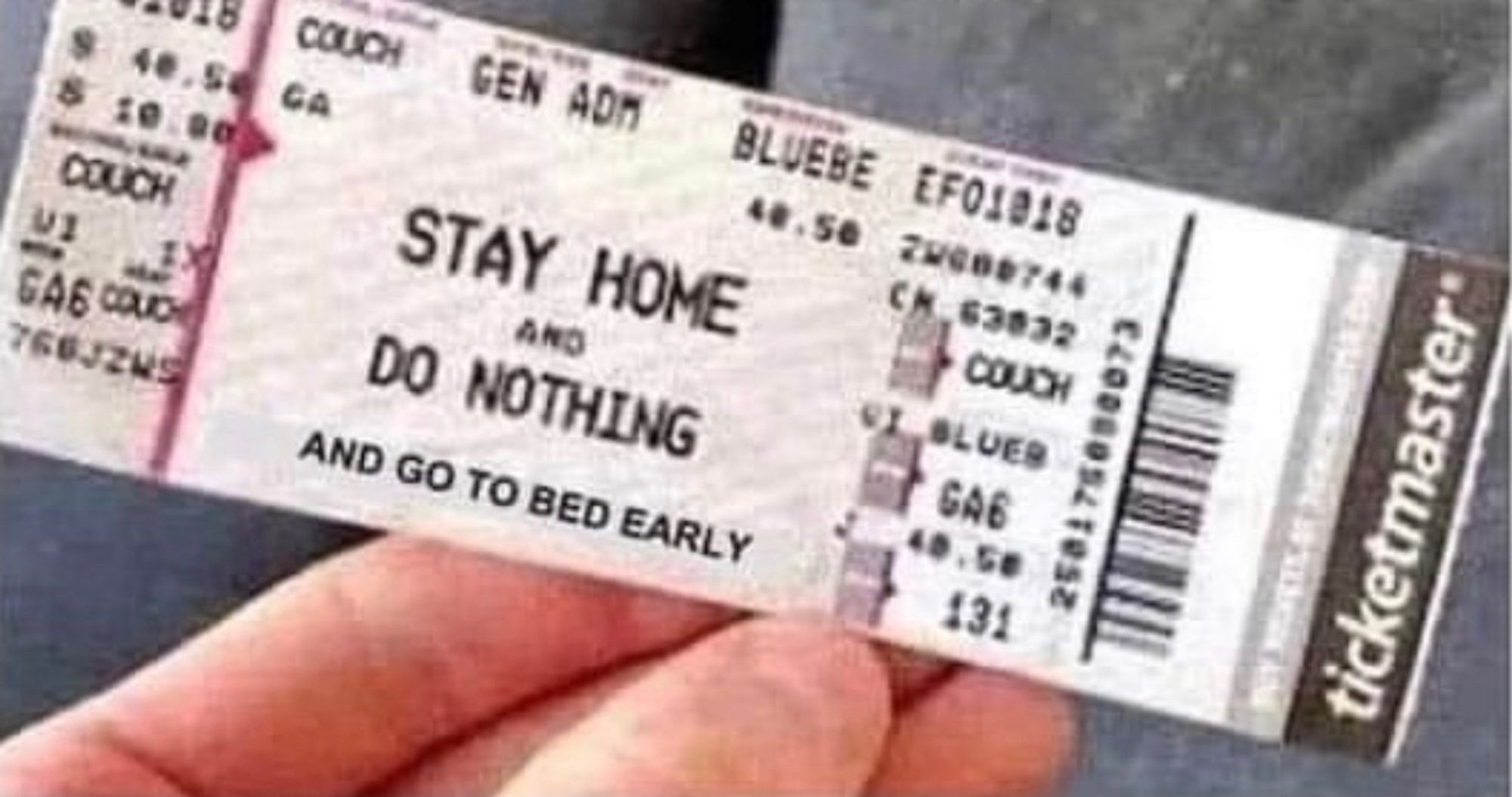 A concert ticket for “Stay home and do nothing and go to bed early”