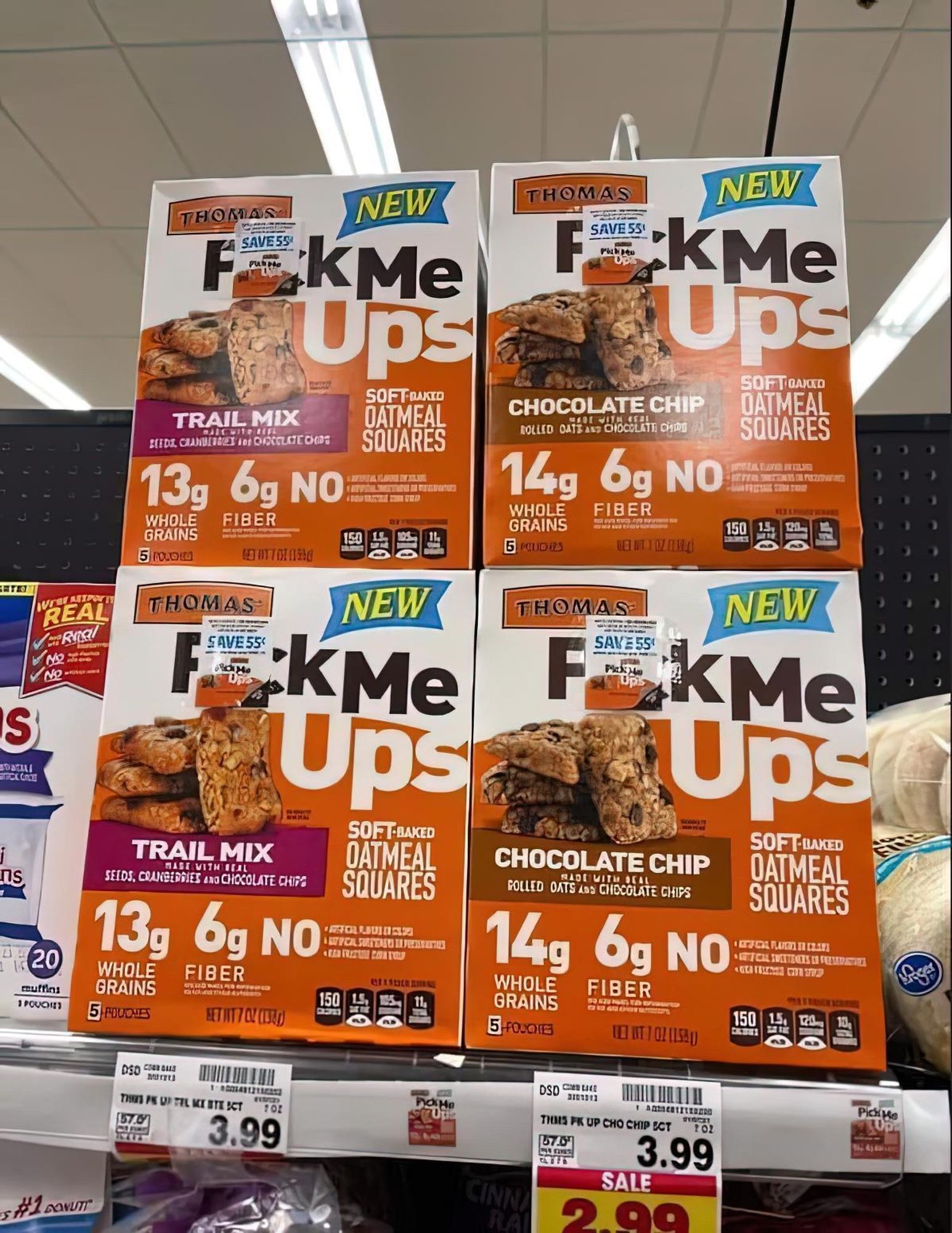 A few pack of “Pick me Ups” oatmeal square. A label on the word “pick” makes it look like “fuck me ups”