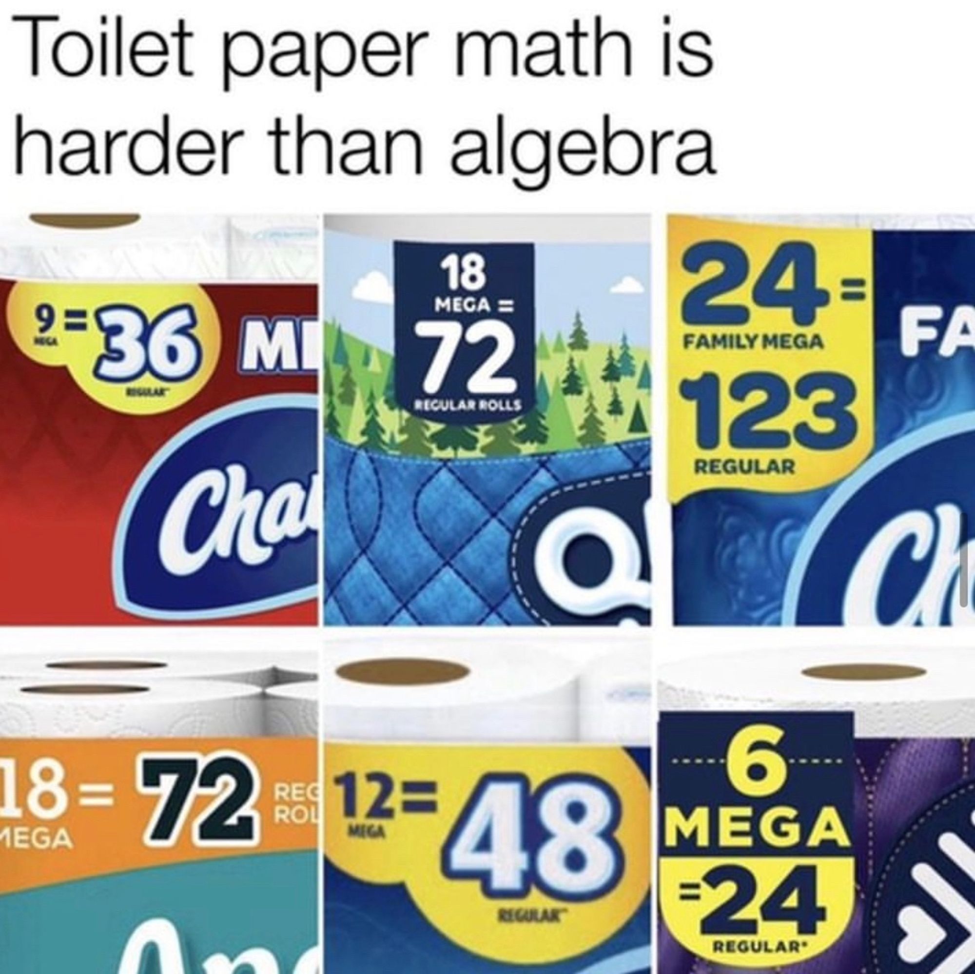 Toilet paper math is harder than algebra.
A few pictures of toilet paper packaging with texts such as “9 mega = 36”, “18 mega = 72 regular rolls”, “24 family mega = 123 regular”, 8 mega = 72”….