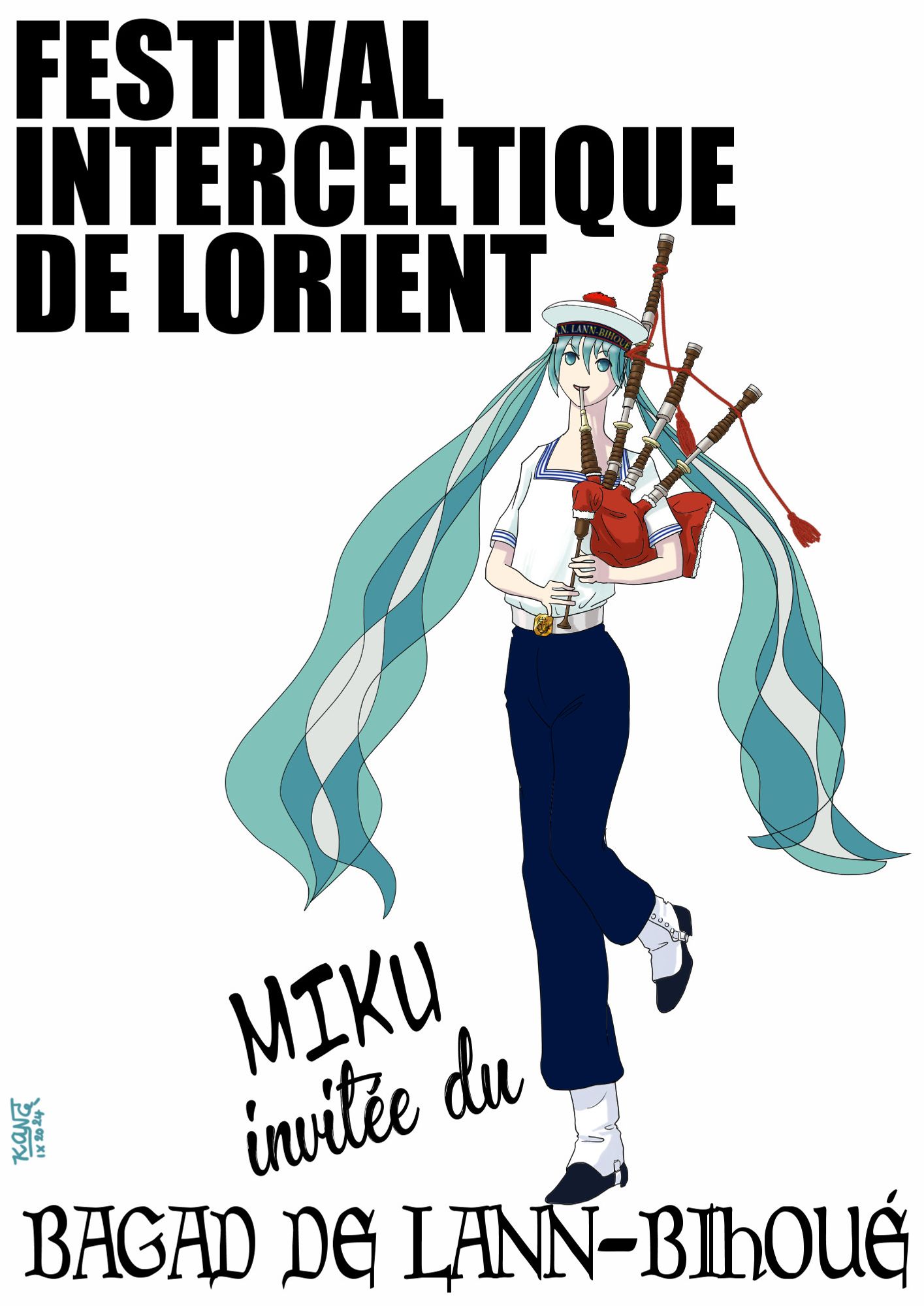 A poster for the Interceltic Festival in Lorient, with Miku playing the bagpipe, as a guest of the Bagad de Lann-Bihoué, the traditionnal Celtic band from French Navy. Miku's wearing a man uniform.