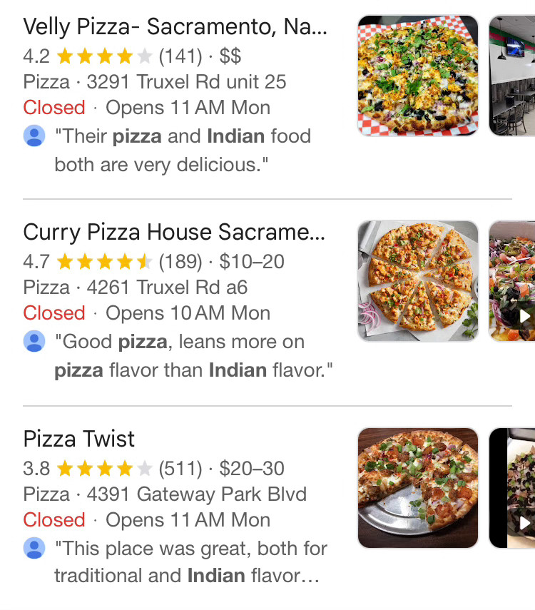 Google listings of 3 Indian pizza places in Sacramento