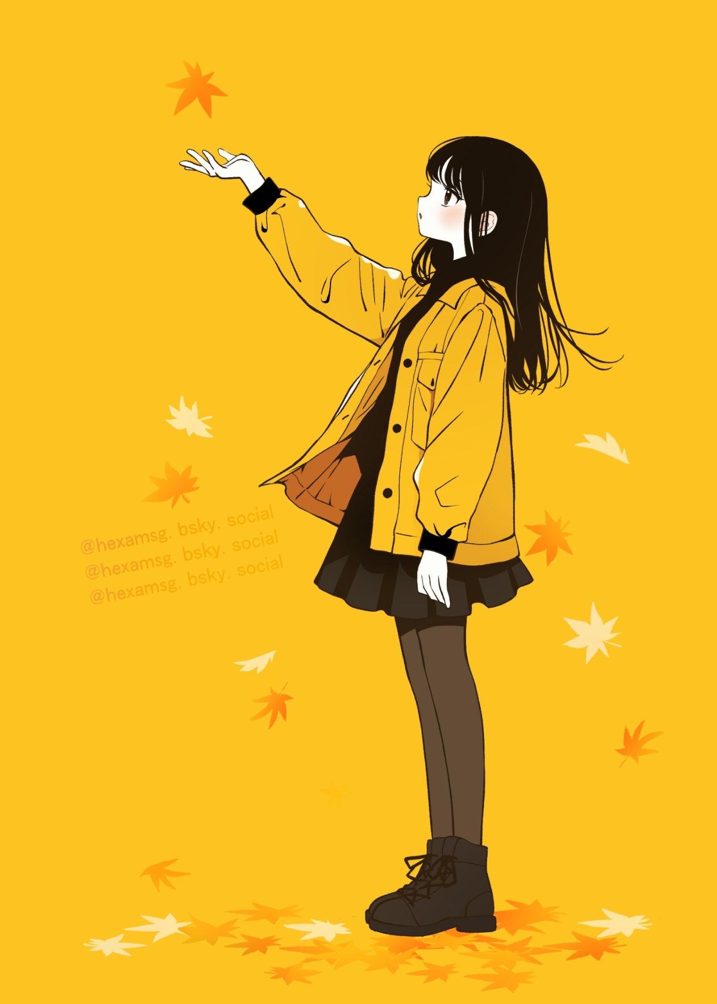 A girl wearing a yellow jacket and a black skirt reaches out with one arm to catch a falling autumn leaf. Fallen leaves are scattered on the ground, and this illustration is drawn with autumn in mind.