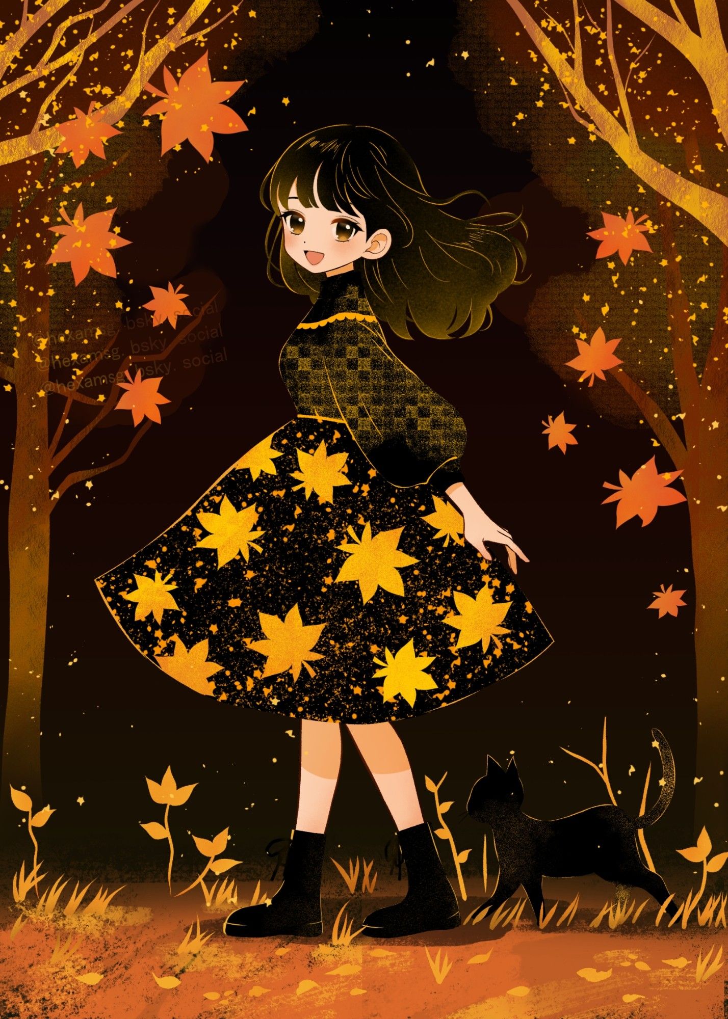 A girl, her dress fluttering with yellow maple leaf patterns, walks alongside a black cat down a path between maple trees shimmering with a golden glow.