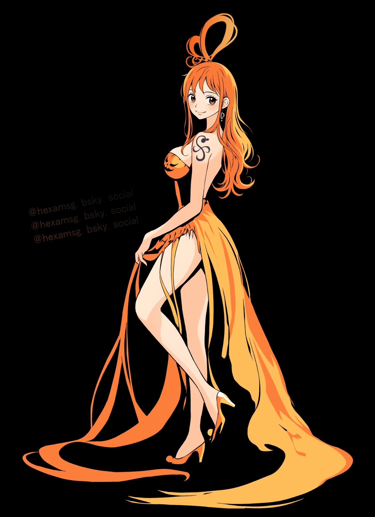 An illustration using predominantly orange and black colors, evoking a Halloween atmosphere. The character is wearing a long dress that flows to the floor. On the chest of the outfit, there is a pumpkin character's face with an expressive look.