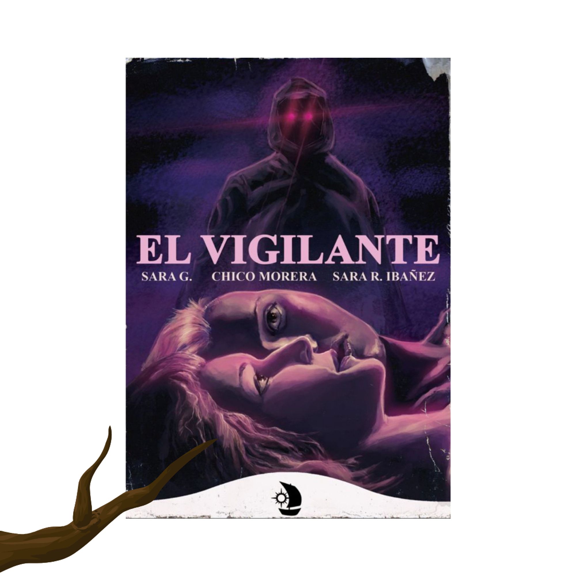 Sobre fondo blanco, cubierta de "El vigilante" de Sara G, Chico Morera y Sara R. Ibáñez, en tonos violetas, el rostro de una chica duplicado, al fondo, una figura encapuchada con ojos rosas brillantes.