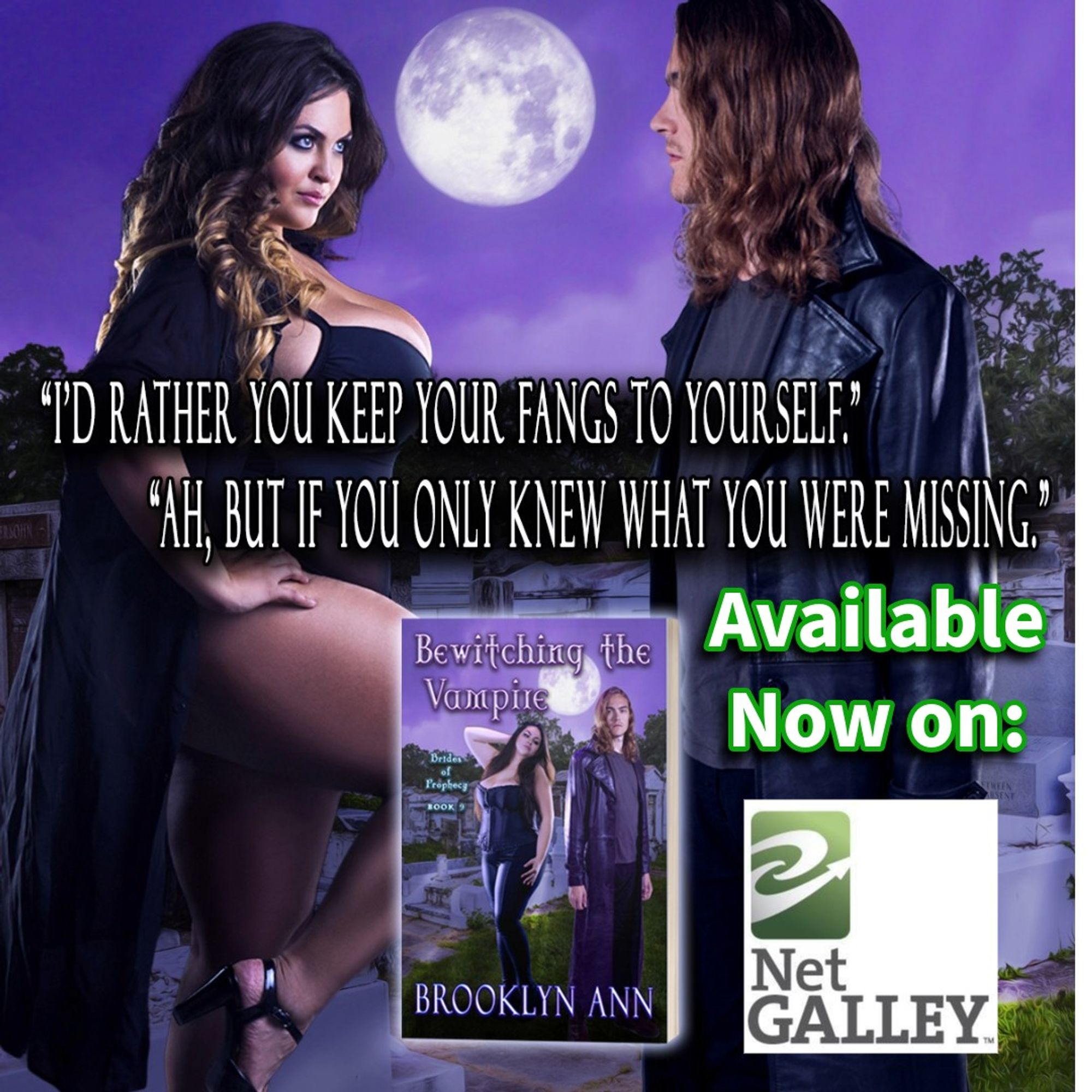 Teaser graphic for the novel, Bewitching the Vampire by Brooklyn Ann. A plus-size witchy woman staring down a hot long-haired vampire male in a New Orleans Cemetary. Text: "I'd rather you keep your fangs to yourself." "Ah, but if you only knew what you were missing." ..."Available now on Netgalley