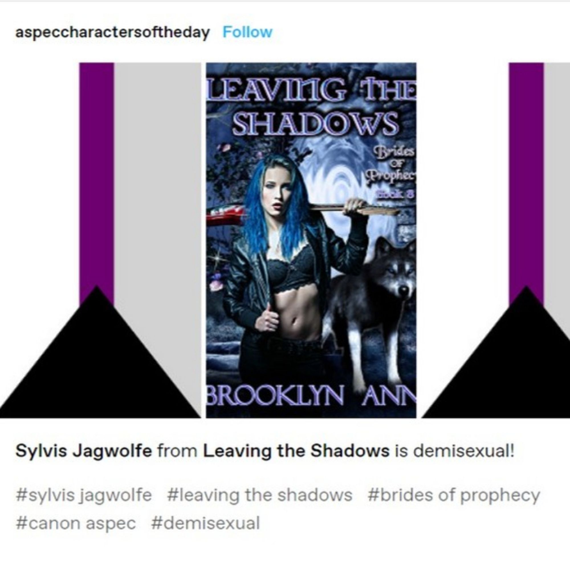 Image: Book cover of Leaving the Shadows by Brooklyn Ann, depicting a blue haired woman holding a guitar and standing beside a wolf with a portal in the background. The book cover is framed by two demisexual flags.