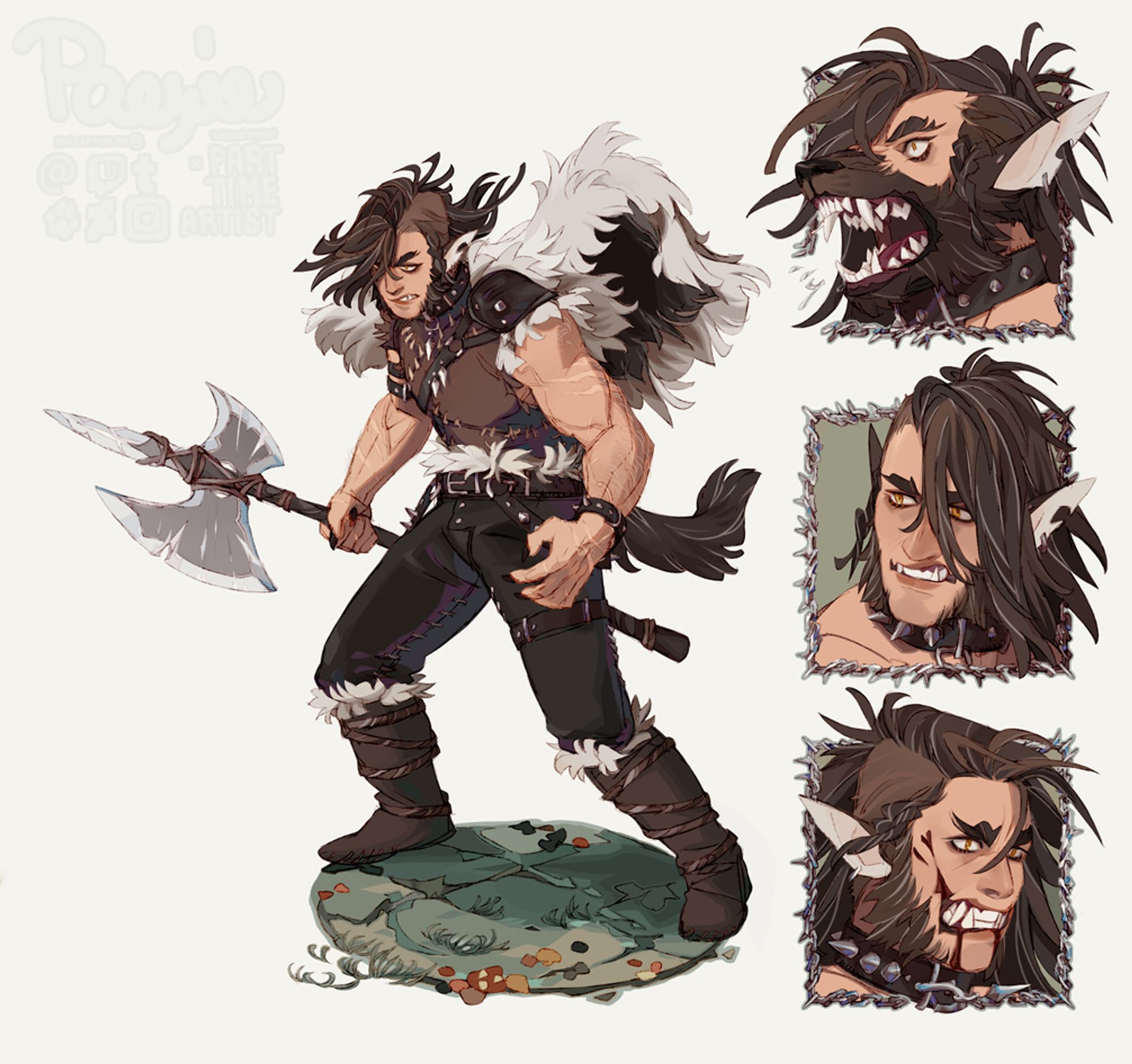 Fullbody shot of a werewolf barbarian holding and axe. On the right there are three headshots of the same character.