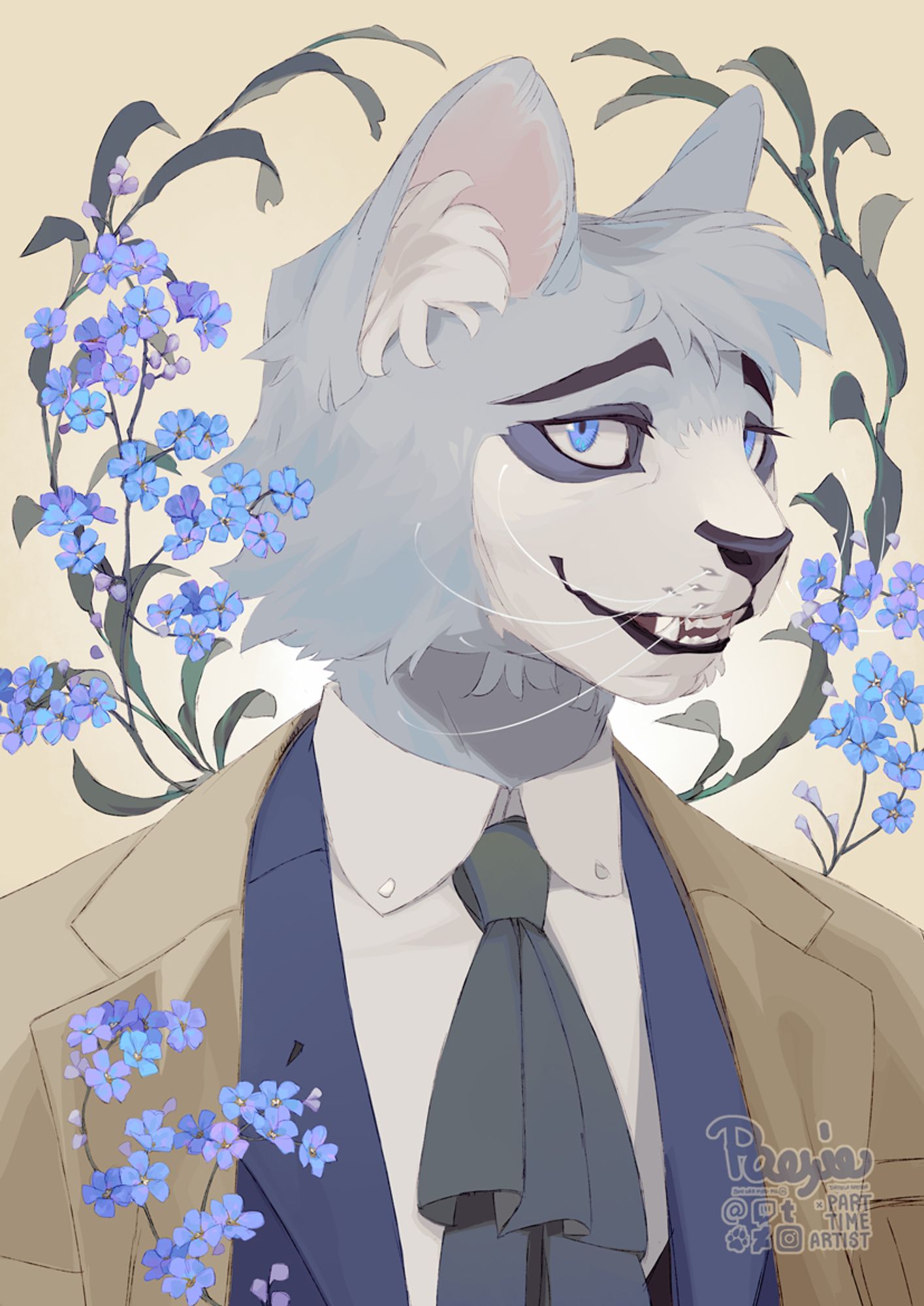 A gentle gray cat wearing a large coat and suit. He is surrounded by forget-me-nots.