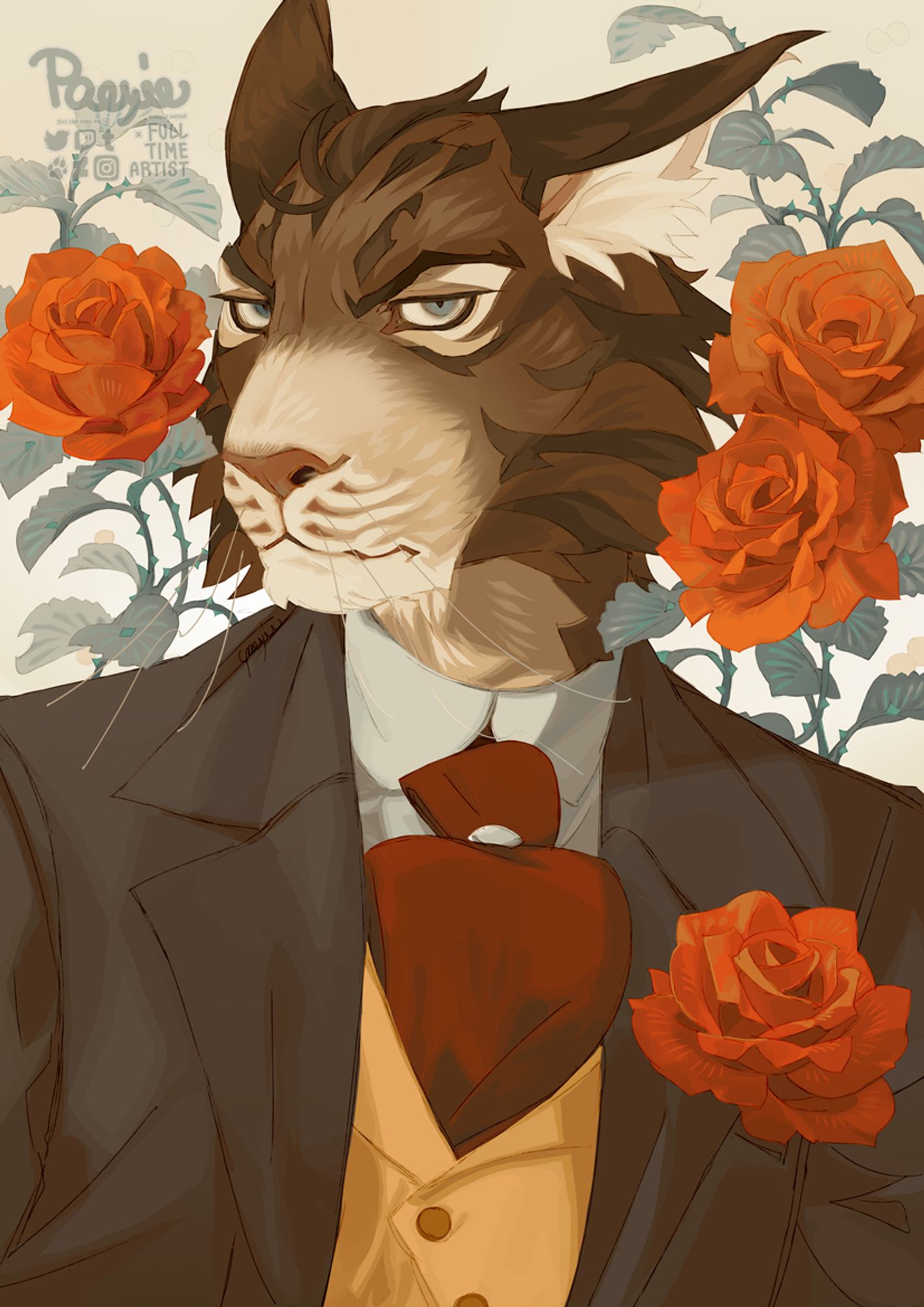 A severe looking tabby cat wearing a three piece suit. He is surrounded by red roses.