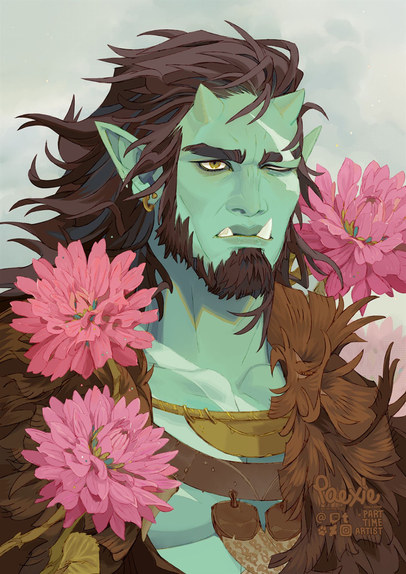 Portrait of a scarred orc surrounded by three large dahlias.