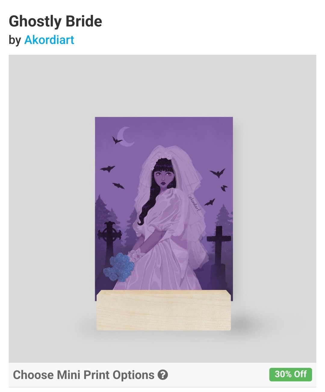 screenshot of a mini print (ghostly bride) item from akordiart's inprnt (online print shop)