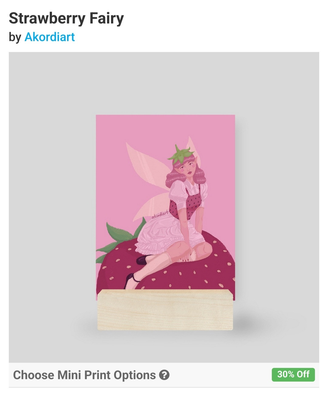 screenshot of a mini print (strawberry fairy) item from akordiart's inprnt (online print shop)