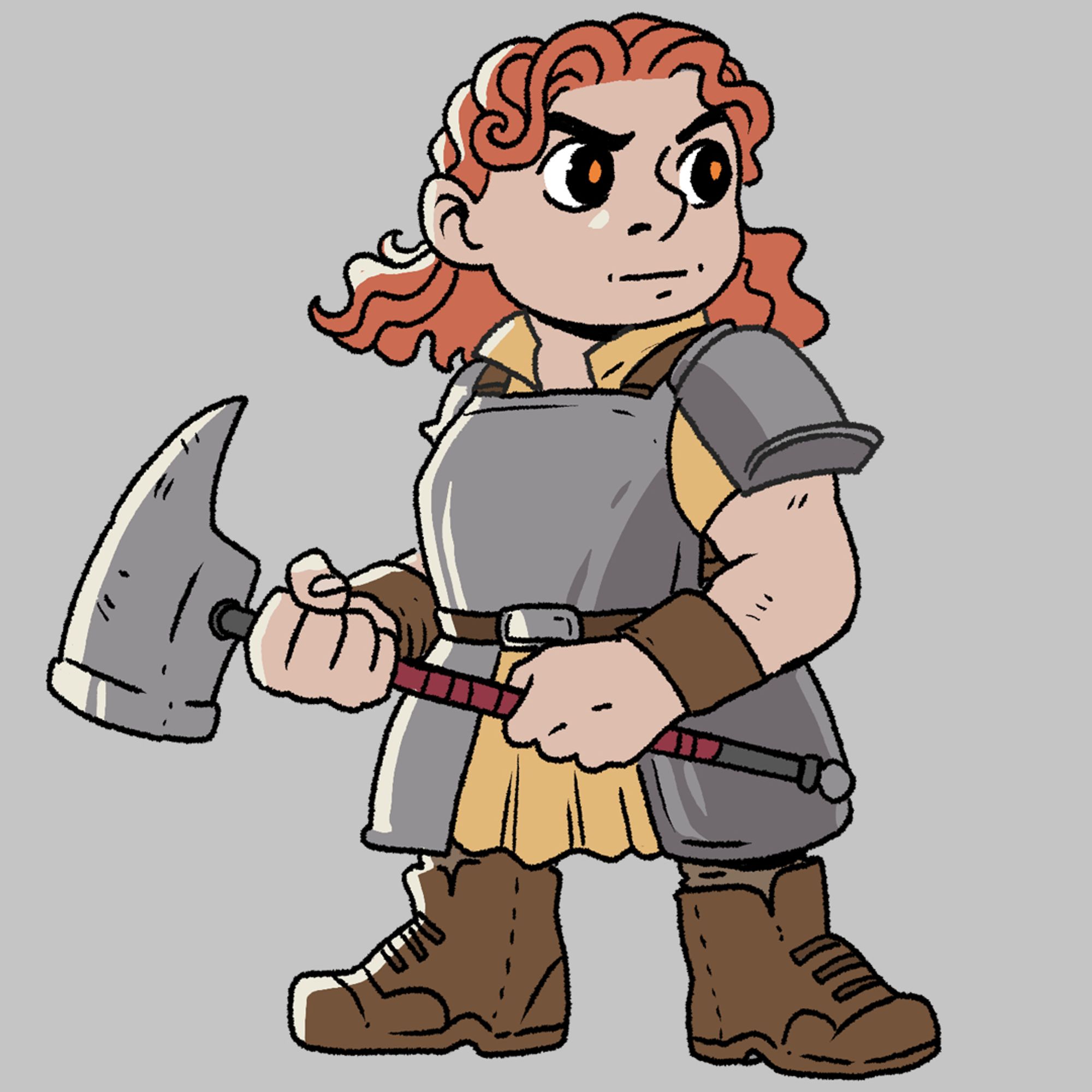 Das - a dwarven woman with plate armor wielding a warhammer with fire in her eyes.