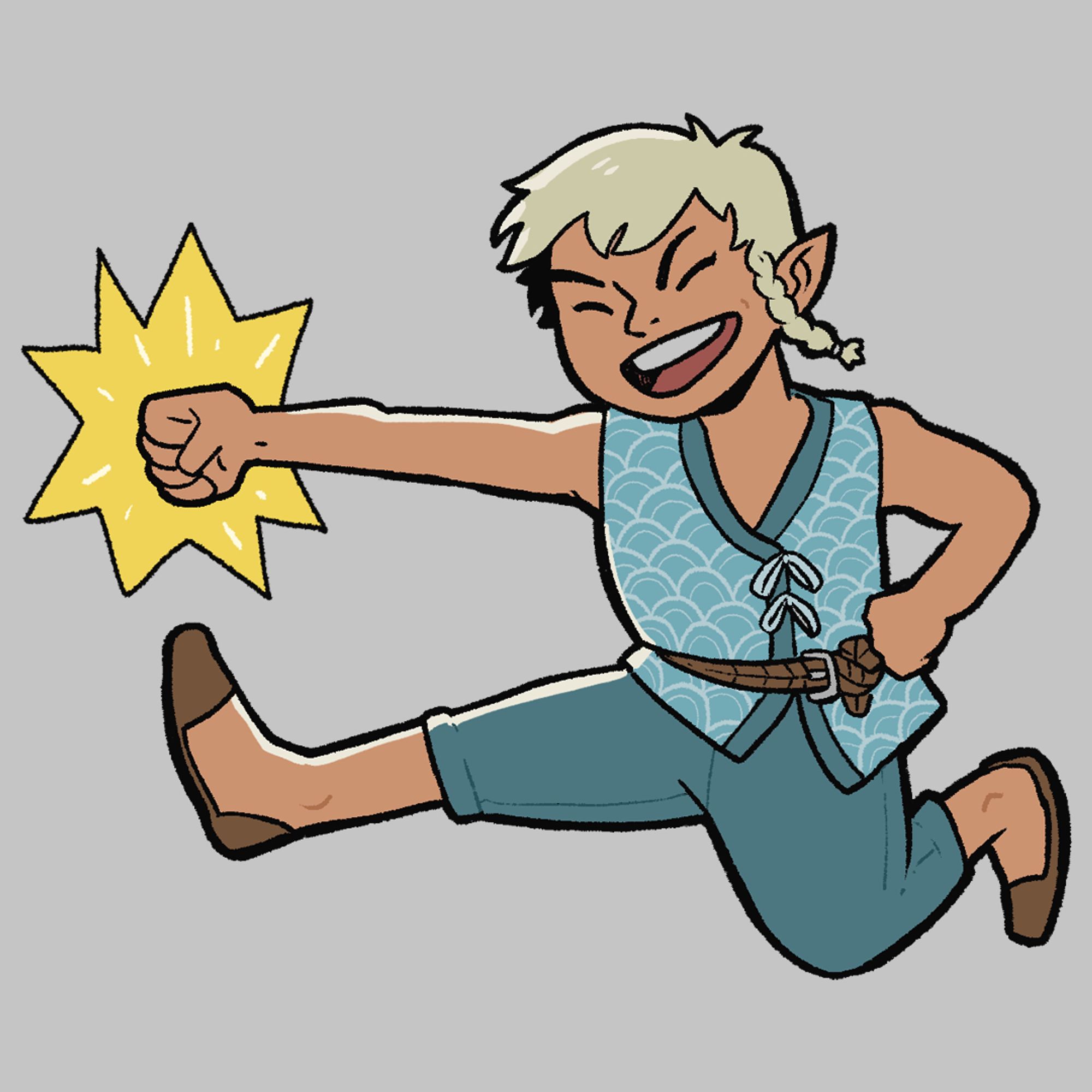 Eos - an excitable half-elf in blue clothing punching and kicking.