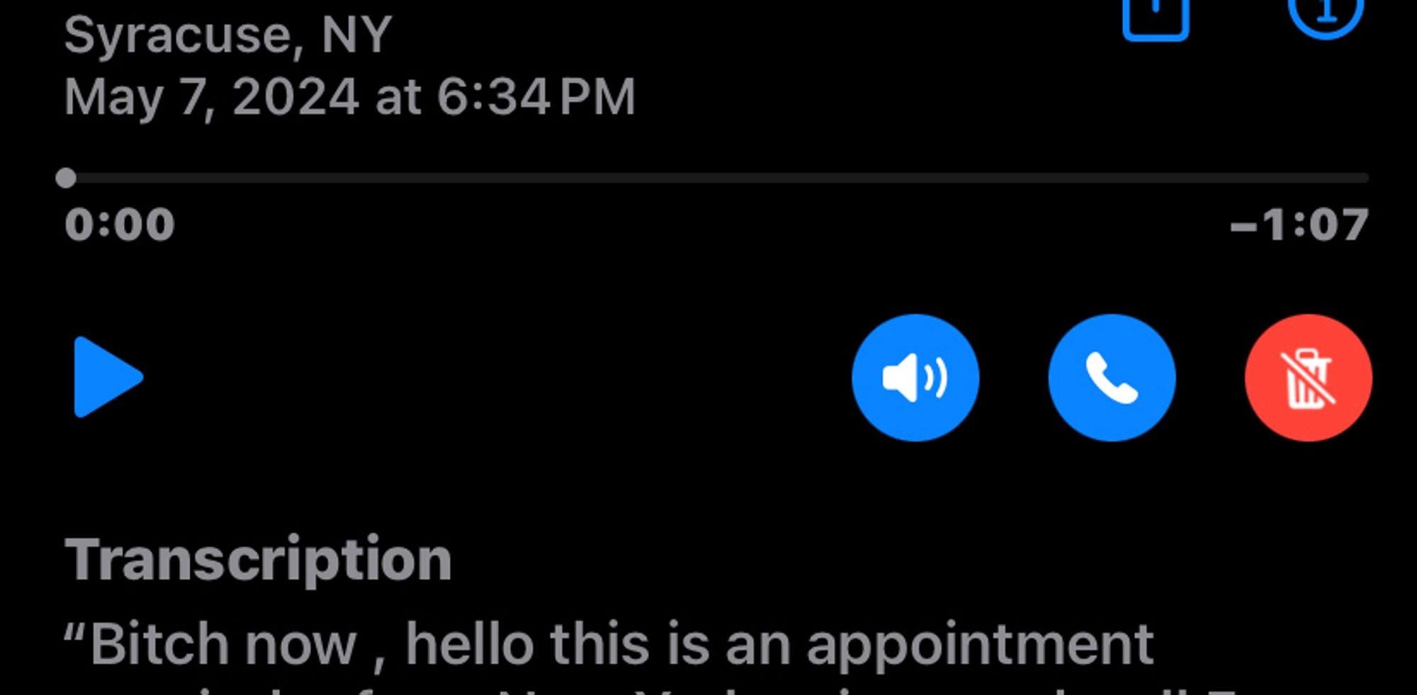 Siri dictated voicemail message that reads “Bitch now , hello this is an appointment …” screen cuts off the remaining text.