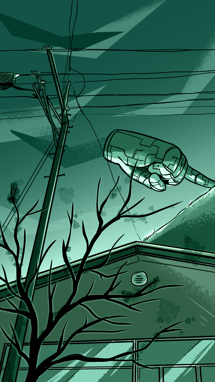 A green-hued illustration that is meant to look like a photo taken from the ground up, of a section of the sky in Beach City. The silhouette of a tree can be seen, alone with an electric pole, as well as the top of a house. Above it, in the clouds, is a giant mechanical hand that's pointing off somewhere. It looks exactly like the hand ship from the original Steven Universe Season 1 finale.