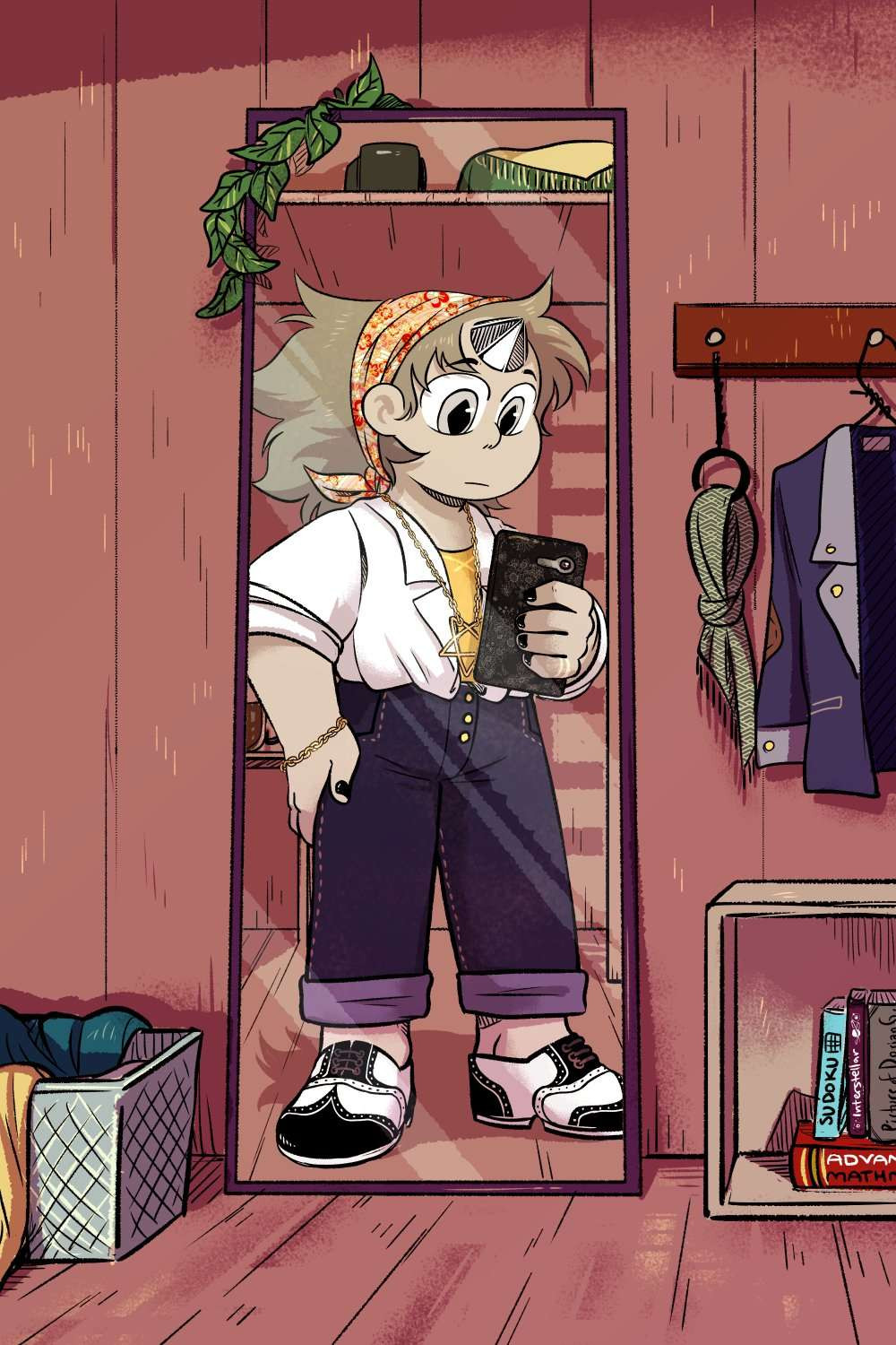 A digital illustration of a selfie of WD!Steven. He's posing in front of a mirror in a Friday Night outfit. He's got a pair of chiq jeans that stop at the ankle, a pair of oxfords, and a white shirt unbuttoned to show a yellow undershirt on. He's also wearing a gold chair with a star on it, as well as a gold chain bracelet and a floral red-and-gold bandanna to push his hair back from his face.